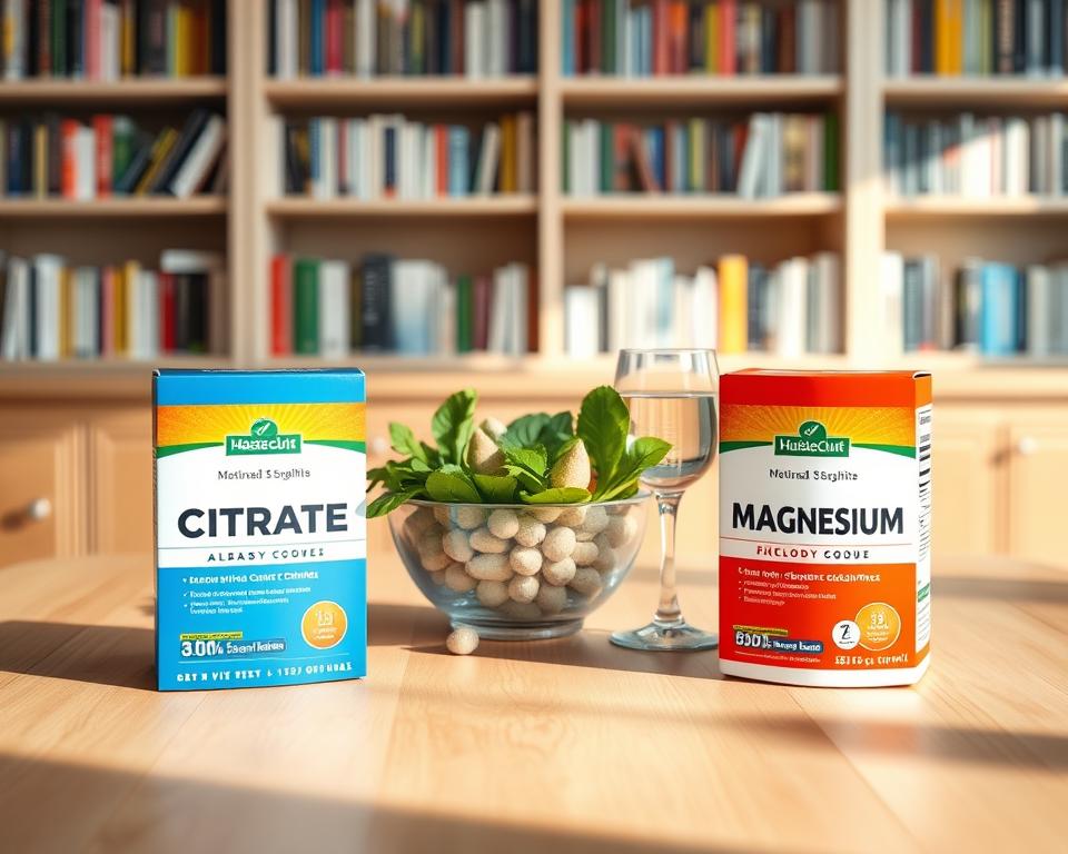 A visually appealing arrangement of three types of magnesium supplements – citrate, malate, and chelate – displayed on a clean, elegant wooden table. In the foreground, vibrant packaging of each product is prominently featured, with distinct labels showing their benefits. In the middle, a small bowl filled with green leafy vegetables and a glass of water highlights the natural sources of magnesium, symbolizing health. In the background, soft-focus shelves lined with health-related books create an informative atmosphere. The lighting is warm and inviting, casting gentle shadows that enhance the textures of the products. The overall mood conveys a sense of wellness and informed choice, encouraging readers to consider their personal magnesium needs carefully. A visually appealing arrangement of three types of magnesium supplements – citrate, malate, and chelate – displayed on a clean, elegant wooden table. In the foreground, vibrant packaging of each product is prominently featured, with distinct labels showing their benefits. In the middle, a small bowl filled with green leafy vegetables and a glass of water highlights the natural sources of magnesium, symbolizing health. In the background, soft-focus shelves lined with health-related books create an informative atmosphere. The lighting is warm and inviting, casting gentle shadows that enhance the textures of the products. The overall mood conveys a sense of wellness and informed choice, encouraging readers to consider their personal magnesium needs carefully.