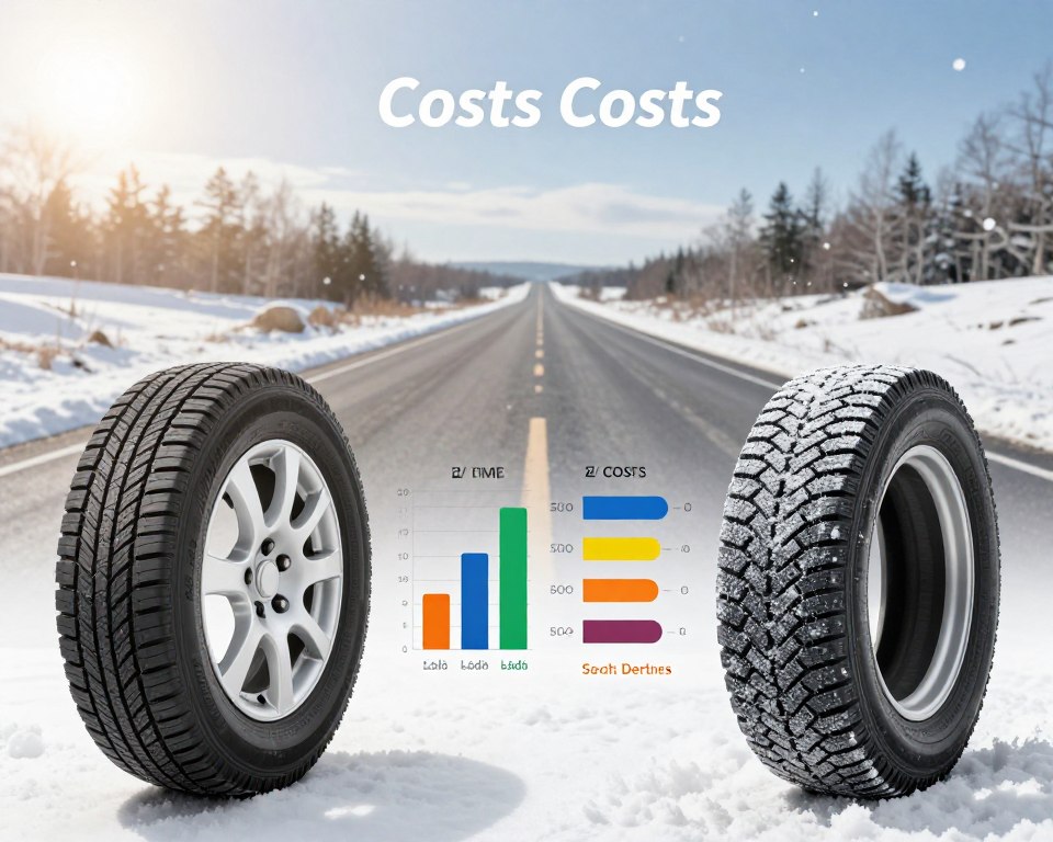 A visually appealing infographic comparing the costs of all-season and seasonal tires. In the foreground, illustrate two distinct tire types: an all-season tire on the left and a snow tire on the right, detailed with labels highlighting their unique features. In the middle ground, incorporate colorful bar graphs showing comparative costs over time, positioned between the tires. The background features a split landscape: one side showcasing a sunny road representing all-season driving conditions, and the other side depicting a snowy road for seasonal tires, with gentle snowfall. Soft, natural lighting enhances the scene, creating a clear, informative atmosphere. Use a wide-angle view to emphasize the contrast between the two tire types and their environments.