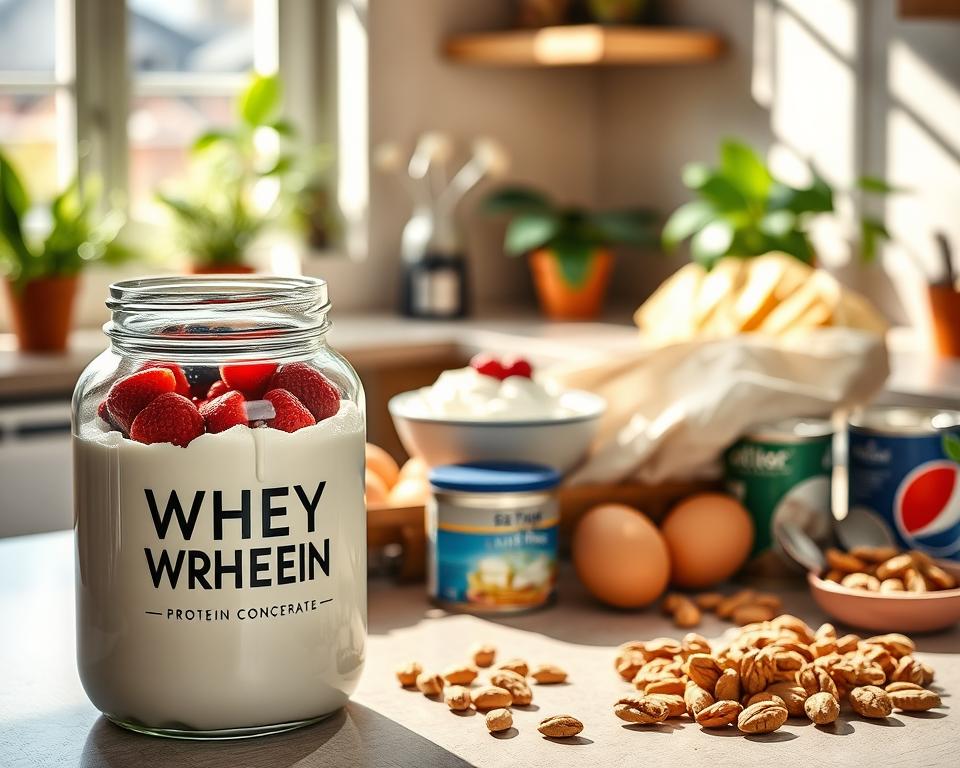 A visually appealing kitchen countertop displaying various high-protein foods for a balanced diet. In the foreground, a sleek glass jar filled with whey protein concentrate sits next to a bowl of Greek yogurt topped with fresh berries. In the middle ground, there's a neatly arranged assortment of eggs, a can of tuna, and a handful of nuts, all reflecting a nutritious meal prep. The background features a warm, inviting kitchen with plants and natural light streaming through a window, casting soft shadows across the space. The overall mood is health-focused and energizing, highlighting the importance of protein in everyday meals. The image captures the essence of a wholesome diet, encouraging viewers to embrace high-quality protein sources. A visually appealing kitchen countertop displaying various high-protein foods for a balanced diet. In the foreground, a sleek glass jar filled with whey protein concentrate sits next to a bowl of Greek yogurt topped with fresh berries. In the middle ground, there's a neatly arranged assortment of eggs, a can of tuna, and a handful of nuts, all reflecting a nutritious meal prep. The background features a warm, inviting kitchen with plants and natural light streaming through a window, casting soft shadows across the space. The overall mood is health-focused and energizing, highlighting the importance of protein in everyday meals. The image captures the essence of a wholesome diet, encouraging viewers to embrace high-quality protein sources.