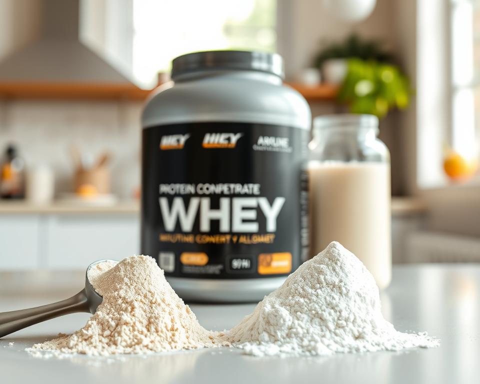 A visually engaging comparison image illustrating the key differences between whey protein concentrate and isolate. In the foreground, place two distinct protein powder scoops, one filled with a slightly grainy texture of whey concentrate and the other with a fine, smooth texture of whey isolate. In the middle ground, feature two clear, labeled containers showcasing the two types of whey, with the concentrate container appearing larger and more robust, and the isolate container sleeker and more refined. The background should be a softly blurred kitchen setting, with natural light pouring in from a window, creating a fresh and healthy atmosphere. Use a shallow depth of field to emphasize the protein containers in focus, enhancing the clarity and distinction of the textures. The overall mood should convey a sense of wellness and nutrition, appealing to fitness enthusiasts. A visually engaging comparison image illustrating the key differences between whey protein concentrate and isolate. In the foreground, place two distinct protein powder scoops, one filled with a slightly grainy texture of whey concentrate and the other with a fine, smooth texture of whey isolate. In the middle ground, feature two clear, labeled containers showcasing the two types of whey, with the concentrate container appearing larger and more robust, and the isolate container sleeker and more refined. The background should be a softly blurred kitchen setting, with natural light pouring in from a window, creating a fresh and healthy atmosphere. Use a shallow depth of field to emphasize the protein containers in focus, enhancing the clarity and distinction of the textures. The overall mood should convey a sense of wellness and nutrition, appealing to fitness enthusiasts.