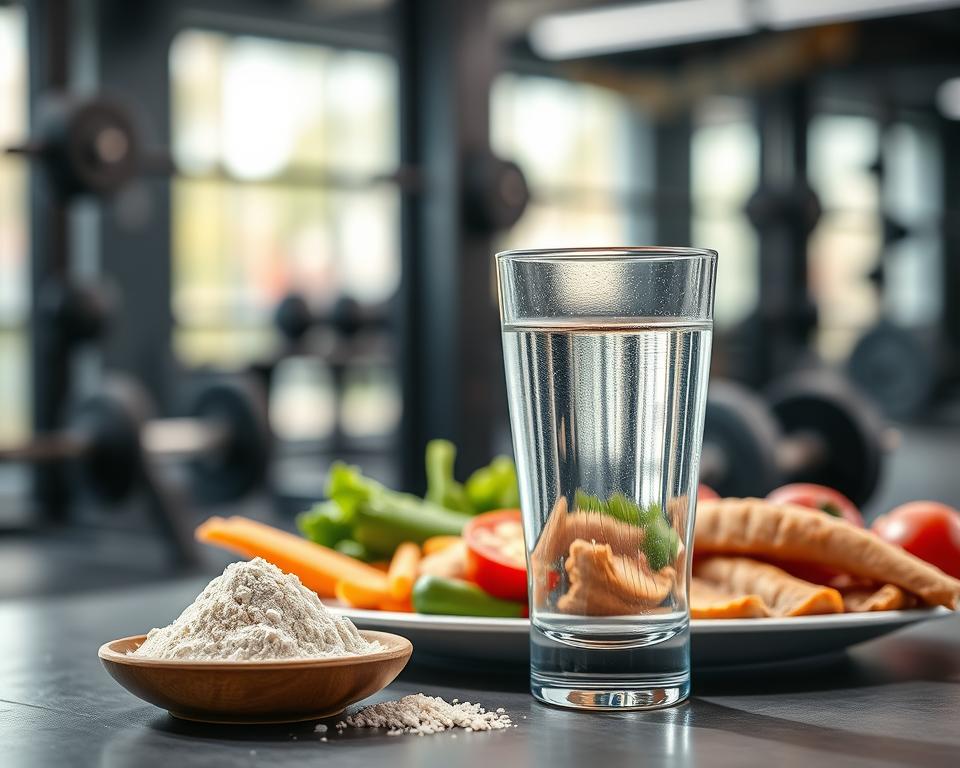 A visually engaging composition showcasing a gym setting with a focus on dietary supplements. In the foreground, a clear, stylish glass filled with water and a scoop of creatine powder beside it, symbolizing hydration and supplementation. In the middle ground, a balanced plate of healthy food, including lean proteins, vegetables, and whole grains, represents a well-rounded diet for athletes. The background features a blurred out gym environment with weights and exercise equipment, creating an energetic atmosphere. Soft, natural lighting highlights the freshness of the food and supplements, while a slight bloom effect gives a vibrant energy to the scene. The overall mood is motivating and informative, aimed at those interested in fitness and nutrition. A visually engaging composition showcasing a gym setting with a focus on dietary supplements. In the foreground, a clear, stylish glass filled with water and a scoop of creatine powder beside it, symbolizing hydration and supplementation. In the middle ground, a balanced plate of healthy food, including lean proteins, vegetables, and whole grains, represents a well-rounded diet for athletes. The background features a blurred out gym environment with weights and exercise equipment, creating an energetic atmosphere. Soft, natural lighting highlights the freshness of the food and supplements, while a slight bloom effect gives a vibrant energy to the scene. The overall mood is motivating and informative, aimed at those interested in fitness and nutrition.