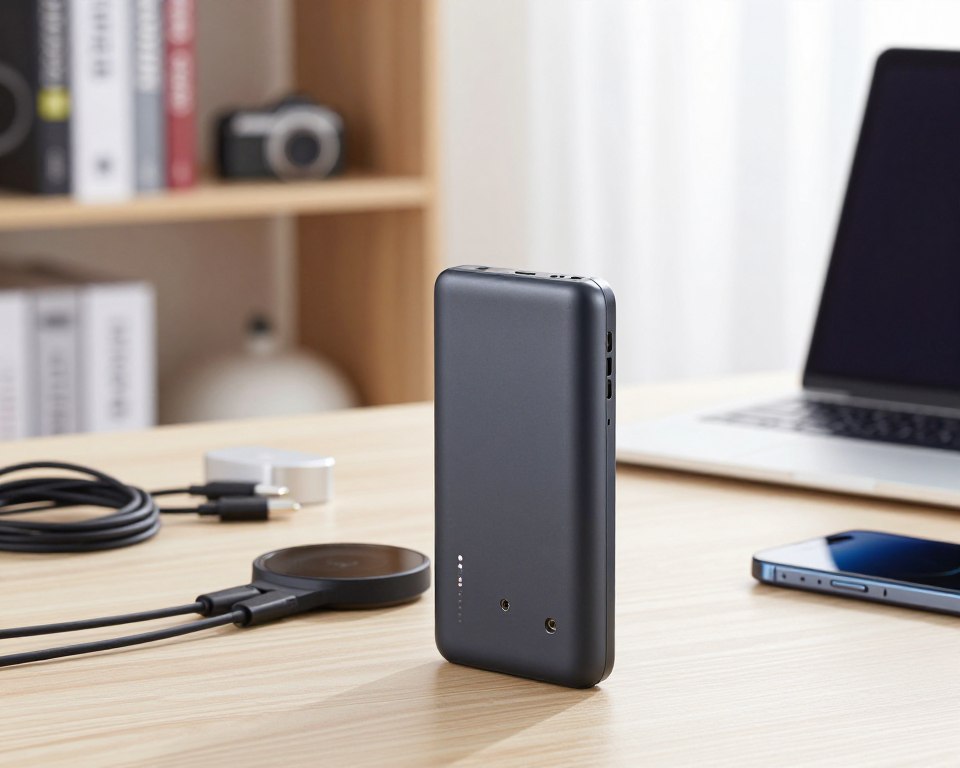A visually engaging composition that illustrates practical tips for maximizing the efficiency of a power bank. In the foreground, a sleek, modern power bank is prominently displayed, with clearly visible ports and indicators. Surrounding the power bank, organized tools and accessories such as charging cables, a smartphone, and a laptop demonstrate effective usage strategies. In the middle ground, a well-lit workspace reflects a clean and tech-oriented environment; soft, natural light filters through a nearby window, creating an inviting atmosphere. The background features a gently blurred bookshelf filled with tech-related books and gadgets, enhancing the focus on the power bank. The overall mood is informative and efficient, blending professionalism with practicality to engage viewers.