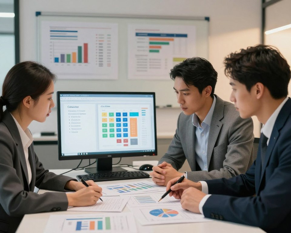 A visually engaging scene focusing on the concept of calculating caloric needs and macronutrient distribution. In the foreground, a diverse group of three professionals in smart business attire are collaboratively analyzing data on a large table covered with charts and graphs. They are deeply focused and engaged, reflecting a serious yet approachable atmosphere. In the middle ground, a digital display shows a calculator interface with statistics related to calories and macronutrient ratios, illuminated with soft, warm lighting to create an inviting mood. The background features a modern office setting, with a whiteboard filled with nutritional charts and diagrams. The image captures clarity, professionalism, and teamwork, embodying the essence of nutrition planning for men.