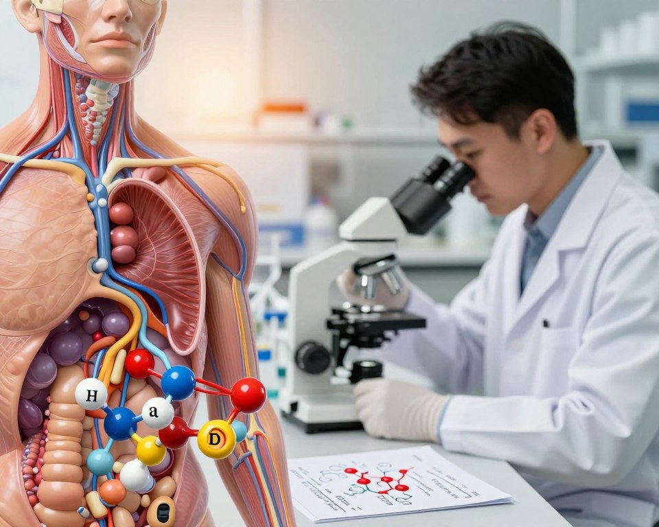 A visually engaging scene that illustrates the significance of cholesterol and fatty acids in hormone production. In the foreground, a detailed anatomical representation of the human endocrine system, highlighting glands such as the adrenal glands and gonads, with vibrant representations of cholesterol molecules and fatty acids interconnected. In the middle ground, a focused scientist in a lab coat examines hormone structures through a microscope, surrounded by charts showing cholesterol levels and hormone production data. The background features a soft-focus laboratory setting with warm, encouraging lighting that creates a professional yet inviting atmosphere. The view is slightly angled, drawing attention to the connection between cholesterol and hormone synthesis, conveying a sense of discovery and importance in health. A visually engaging scene that illustrates the significance of cholesterol and fatty acids in hormone production. In the foreground, a detailed anatomical representation of the human endocrine system, highlighting glands such as the adrenal glands and gonads, with vibrant representations of cholesterol molecules and fatty acids interconnected. In the middle ground, a focused scientist in a lab coat examines hormone structures through a microscope, surrounded by charts showing cholesterol levels and hormone production data. The background features a soft-focus laboratory setting with warm, encouraging lighting that creates a professional yet inviting atmosphere. The view is slightly angled, drawing attention to the connection between cholesterol and hormone synthesis, conveying a sense of discovery and importance in health.