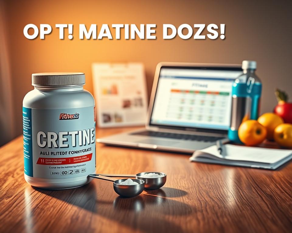 A visually striking and informative scene showcasing optimal creatine dosage for beginners and advanced users. In the foreground, a sleek, modern container of creatine monohydrate stands prominently on a polished wooden table, with measured scoops beside it, highlighting precise dosages. The middle area features a well-organized workspace with a laptop displaying a fitness chart and a notepad with workout plans. In the background, soft, diffused lighting creates a warm atmosphere, enhancing motivation. The scene is framed with fresh fruits and a water bottle, symbolizing a healthy lifestyle. The overall mood is encouraging and energetic, aimed at fitness enthusiasts, blending professionalism with a sense of empowerment. Soft shadows add depth without cluttering the composition.