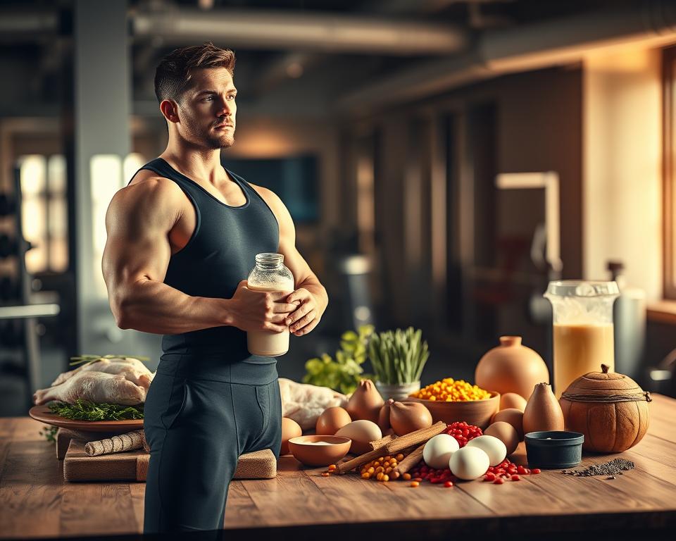 A visually striking composition depicting the theme of protein consumption and its potential dangers in a health-conscious environment. In the foreground, a muscular man in a fitted, professional sports outfit stands thoughtfully, holding a protein shake in one hand. His expression reflects a mix of determination and concern. In the middle ground, an array of protein-rich foods such as chicken breast, eggs, and legumes is artistically arranged on a wooden table, symbolizing the variety of protein sources. The background features a softly lit gym setting with blurred fitness equipment in a warm glow, suggesting a balance of health and caution. The lighting should create shadows that highlight the subject's physique while maintaining an overall motivational atmosphere. The image should evoke a sense of contemplation about the implications of protein intake without any text or distractions.