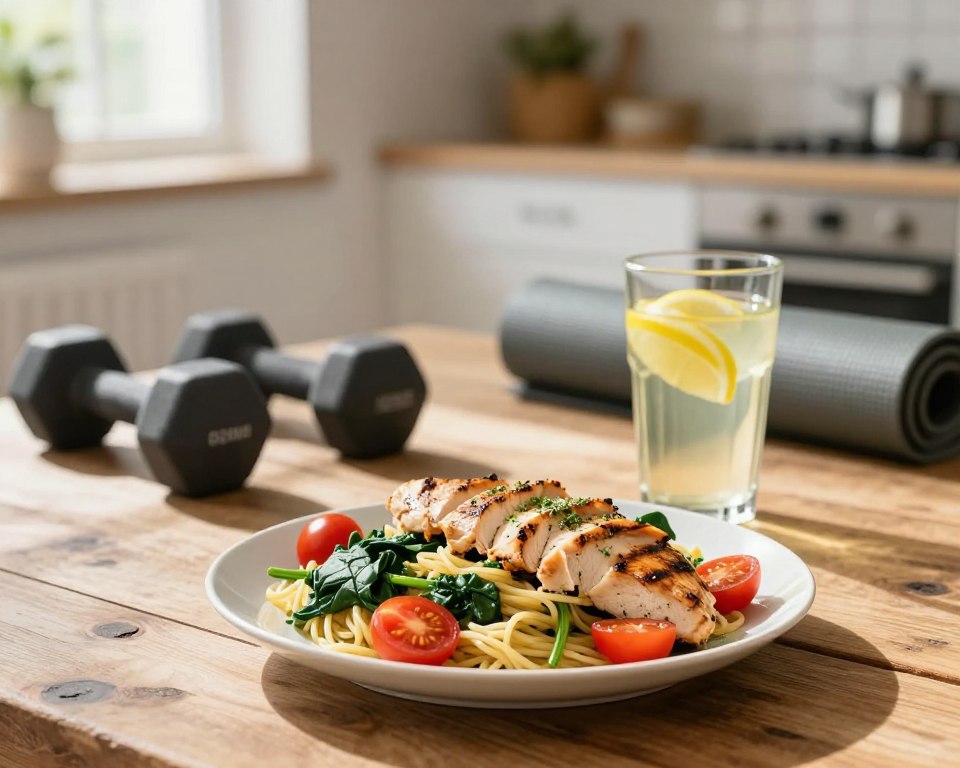 A well-balanced pre-workout meal displayed on a rustic wooden table. The foreground features a colorful, appetizing plate filled with a serving of whole grain pasta topped with fresh spinach, cherry tomatoes, and grilled chicken slices, garnished with a sprinkle of herbs. A glass of bright, refreshing lemon water sits beside the plate. In the middle ground, a lightly blurred set of neatly arranged fitness equipment, such as dumbbells and a yoga mat, hint at an inspiring workout atmosphere. The background showcases a bright, airy kitchen with sun streaming through the window, casting warm natural light. The overall mood is energetic and motivating, emphasizing health and preparation for exercise. A well-balanced pre-workout meal displayed on a rustic wooden table. The foreground features a colorful, appetizing plate filled with a serving of whole grain pasta topped with fresh spinach, cherry tomatoes, and grilled chicken slices, garnished with a sprinkle of herbs. A glass of bright, refreshing lemon water sits beside the plate. In the middle ground, a lightly blurred set of neatly arranged fitness equipment, such as dumbbells and a yoga mat, hint at an inspiring workout atmosphere. The background showcases a bright, airy kitchen with sun streaming through the window, casting warm natural light. The overall mood is energetic and motivating, emphasizing health and preparation for exercise.