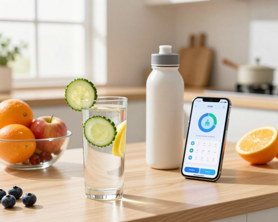 A well-lit kitchen scene showcasing practical hydration tips. In the foreground, a stylish glass filled with fresh, filtered water, adorned with slices of cucumber and lemon. Beside it, a colorful fruit bowl featuring oranges, apples, and berries, promoting healthy hydration. In the middle ground, a modern water bottle sits next to a hydration tracking app displayed on a sleek smartphone. The background reveals sunlight streaming through a window, casting soft shadows, creating a warm and inviting atmosphere. The setting is clean and organized, emphasizing a healthy lifestyle. The image should have a high resolution with bright, vibrant colors and a soft focus effect to enhance the mood of wellness and vitality.
