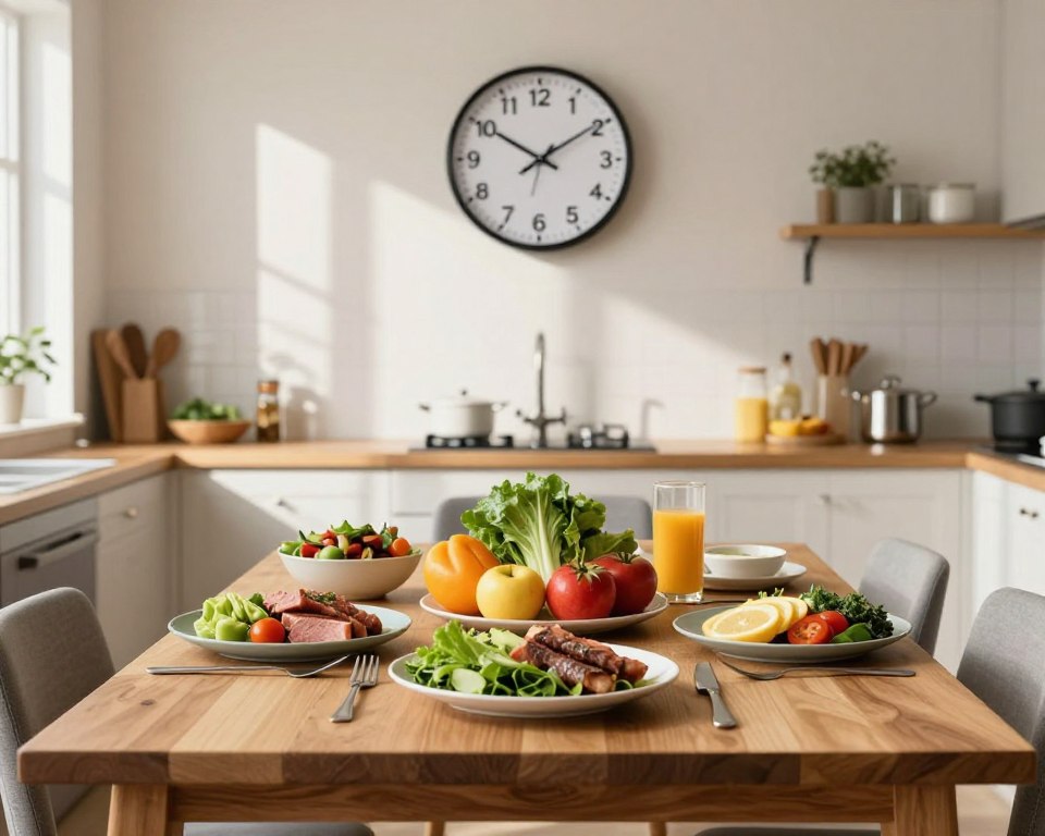 A well-lit, professional kitchen setting during the daytime, showcasing an aesthetically pleasing wooden dining table at the center. In the foreground, colorful, healthy food items like vibrant fruits, leafy greens, and portions of lean protein are artistically arranged on plates, symbolizing the eating window of the 16/8 intermittent fasting method. A wall clock in the background prominently displays the time, hinting at the 16:8 ratio. Soft natural lighting filters through a nearby window, casting gentle shadows and creating a warm atmosphere. The entire scene conveys a sense of freshness and health, inviting viewers into the world of balanced eating, without any people present. A well-lit, professional kitchen setting during the daytime, showcasing an aesthetically pleasing wooden dining table at the center. In the foreground, colorful, healthy food items like vibrant fruits, leafy greens, and portions of lean protein are artistically arranged on plates, symbolizing the eating window of the 16/8 intermittent fasting method. A wall clock in the background prominently displays the time, hinting at the 16:8 ratio. Soft natural lighting filters through a nearby window, casting gentle shadows and creating a warm atmosphere. The entire scene conveys a sense of freshness and health, inviting viewers into the world of balanced eating, without any people present.