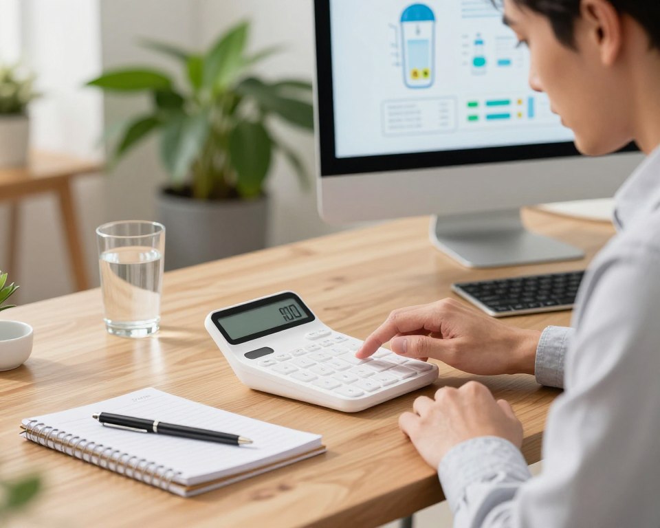 A well-lit workspace featuring a sleek, modern MyAqua water calculator placed prominently on a wooden desk. In the foreground, a professional-looking man in a smart casual shirt is attentively using the calculator, his focused expression reflecting the importance of hydration. In the middle ground, a notepad and pen are visible, with notes on daily water intake. The background includes a vibrant indoor plant and a computer monitor displaying health graphics related to hydration. The lighting is bright and natural, creating an inviting atmosphere that emphasizes the theme of wellness and water consumption. The image has a sharp focus on the calculator and the man, with a soft bokeh effect for the background elements, enhancing clarity and engagement.
