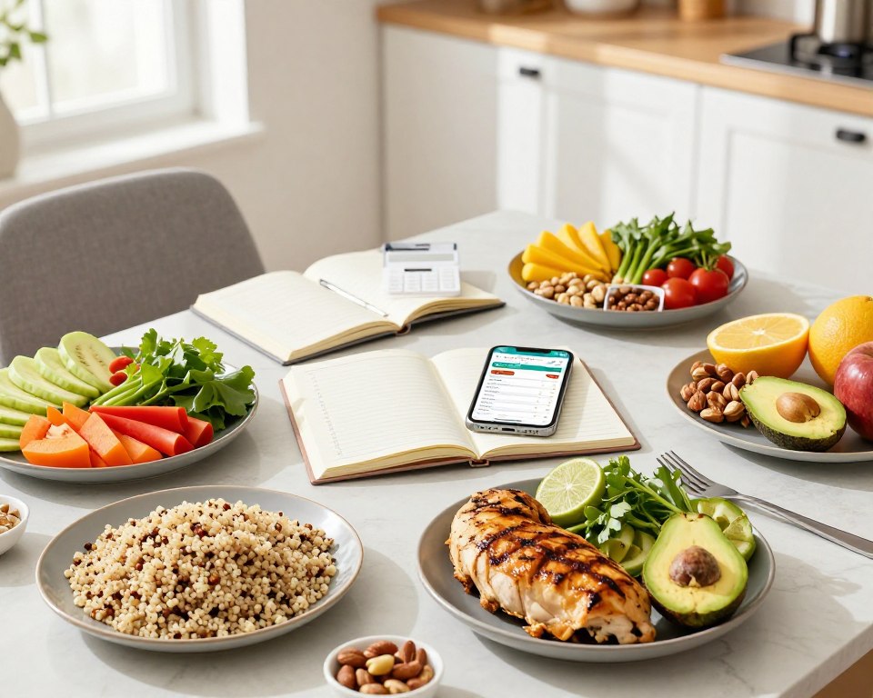 A well-organized dining table set for meal planning, featuring colorful, healthy foods representing protein, carbohydrates, and fats. In the foreground, platters filled with grilled chicken, quinoa, fresh vegetables, avocado, nuts, and fruits. In the middle, an open notebook and a smartphone displaying a meal-tracking app, with a calculator nearby for macro calculations. The background includes a tidy kitchen with bright, natural light streaming in, creating a welcoming and motivating atmosphere. Soft shadows enhance the scene, shot from a slight overhead angle to capture the entire setup, emphasizing a sense of planning and health-conscious eating.