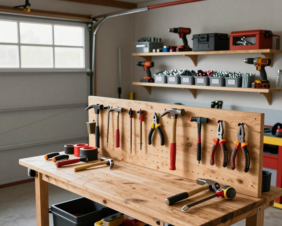 A well-organized garage workspace showcasing practical tool storage solutions. In the foreground, a sturdy wooden workbench with neatly arranged hand tools like hammers, screwdrivers, and pliers displayed in wall-mounted pegboards, creating a visually appealing arrangement. In the middle, shelves filled with labeled bins containing different types of screws and fasteners, alongside power tools such as drills and saws. The background features a clean, organized garage with ample lighting coming from a large window, creating a bright and inviting atmosphere. The overall mood is efficient and inspiring, encouraging a sense of DIY creativity. Soft shadows enhance the depth, and the composition is captured from a slightly elevated angle to provide a comprehensive view of the setup.
