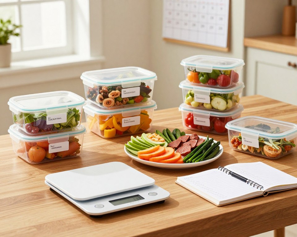 A well-organized kitchen workspace featuring a wooden table with a variety of healthy meal prep containers, some labeled for easy identification. In the foreground, a digital kitchen scale displays a precise weight measurement, signifying progress monitoring. A balanced plate of fresh vegetables and lean proteins is artfully arranged next to a notebook filled with meal plans and goals. In the middle ground, a wall-mounted calendar shows scheduled meal times, emphasizing regularity. The background features warm, natural lighting filtering through a window, creating a motivational atmosphere. The scene is inviting and practical, reflecting the importance of consistency in nutrition and progress tracking, without any distractions or text overlays. A well-organized kitchen workspace featuring a wooden table with a variety of healthy meal prep containers, some labeled for easy identification. In the foreground, a digital kitchen scale displays a precise weight measurement, signifying progress monitoring. A balanced plate of fresh vegetables and lean proteins is artfully arranged next to a notebook filled with meal plans and goals. In the middle ground, a wall-mounted calendar shows scheduled meal times, emphasizing regularity. The background features warm, natural lighting filtering through a window, creating a motivational atmosphere. The scene is inviting and practical, reflecting the importance of consistency in nutrition and progress tracking, without any distractions or text overlays.