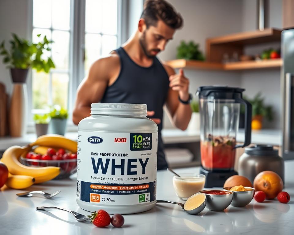 A well-organized tableau depicting the process of safe protein supplementation with whey protein. In the foreground, a sleek modern kitchen counter showcases a high-quality whey protein container, an assortment of fruits like bananas and berries, measuring spoons, and a blender filled with a smoothie. In the middle ground, a fit individual in professional athletic attire examines the label on the protein container, emphasizing a thoughtful approach to nutrition. The background features a bright, airy kitchen with natural light pouring in through large windows, illuminating potted herbs like basil and mint. The atmosphere is one of health, vitality, and careful consideration, conveying the message of responsible supplementation. The composition should have a soft focus on the background to draw attention to the foreground details. A well-organized tableau depicting the process of safe protein supplementation with whey protein. In the foreground, a sleek modern kitchen counter showcases a high-quality whey protein container, an assortment of fruits like bananas and berries, measuring spoons, and a blender filled with a smoothie. In the middle ground, a fit individual in professional athletic attire examines the label on the protein container, emphasizing a thoughtful approach to nutrition. The background features a bright, airy kitchen with natural light pouring in through large windows, illuminating potted herbs like basil and mint. The atmosphere is one of health, vitality, and careful consideration, conveying the message of responsible supplementation. The composition should have a soft focus on the background to draw attention to the foreground details.