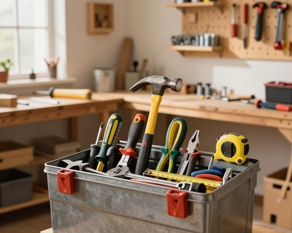 A well-organized toolbox filled with essential hand tools for home improvement, prominently displayed in the foreground. The toolbox is made of sturdy metal, showcasing a vibrant assortment of tools such as a hammer, screwdrivers, pliers, a tape measure, and a wrench, all neatly arranged and in good condition. In the middle ground, a cozy and well-lit workshop setting features wooden workbenches and shelves stocked with nails and screws, enhancing the homemaker's atmosphere. Soft, warm lighting filters through a window, casting gentle shadows to evoke a welcoming and productive mood. The background contains a light-colored wall adorned with pegboards for hanging tools, contributing to a sense of orderliness and readiness for DIY projects.