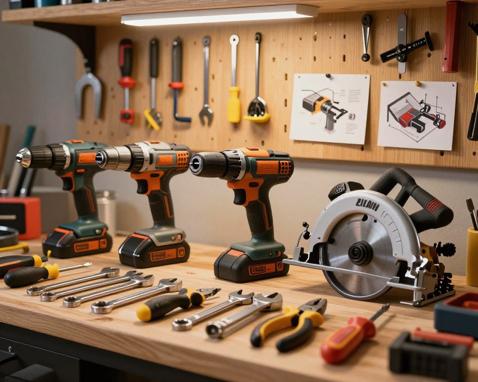 A well-organized workbench filled with advanced tools and accessories for experienced DIY enthusiasts. In the foreground, showcase a variety of high-quality hand tools such as wrenches, pliers, and screwdrivers, meticulously arranged on a wooden work surface. In the middle, feature power tools like a cordless drill, an impact wrench, and a compact circular saw, all glowing under soft, warm overhead lighting, highlighting their sleek designs. In the background, incorporate a pegboard filled with organized storage for additional tools, accessories, and a few home improvement project ideas pinned up. The scene conveys a productive and inspiring atmosphere, evoking the excitement of tackling complex DIY projects. Use a shallow depth of field to keep the focus on the tools, with a slight vignette to enhance the mood.