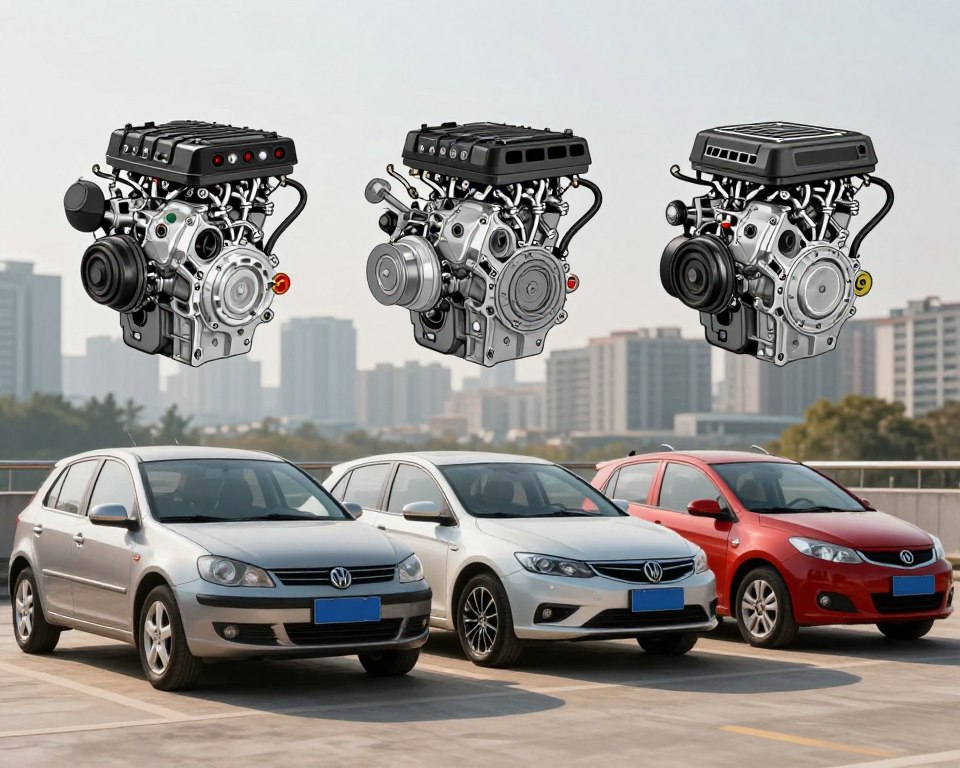 An informative and visually striking comparison of engine types in cars: foreground features three distinct vehicle types—one gasoline, one diesel, and one LPG—parked side by side to highlight their differences. The middle ground showcases detailed cutaway diagrams of each engine type, illustrating key components and mechanics. The background is a soft-focus cityscape, suggesting an urban driving environment. Use natural daylight coming from the left to cast gentle shadows, and ensure the lens captures the scene at a slight angle, drawing attention to the vehicles while keeping the diagrams clear. The overall mood is analytical yet engaging, ideal for an informative article on vehicle specifications. An informative and visually striking comparison of engine types in cars: foreground features three distinct vehicle types—one gasoline, one diesel, and one LPG—parked side by side to highlight their differences. The middle ground showcases detailed cutaway diagrams of each engine type, illustrating key components and mechanics. The background is a soft-focus cityscape, suggesting an urban driving environment. Use natural daylight coming from the left to cast gentle shadows, and ensure the lens captures the scene at a slight angle, drawing attention to the vehicles while keeping the diagrams clear. The overall mood is analytical yet engaging, ideal for an informative article on vehicle specifications.