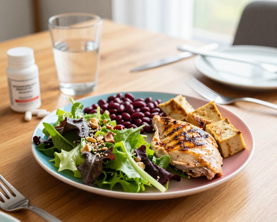 A balanced meal featuring a variety of protein sources such as grilled chicken, legumes, and tofu arranged on a colorful plate. In the foreground, a vibrant salad with mixed greens, nuts, and seeds is displayed, emphasizing healthy eating. The middle ground features an elegantly set wooden dining table with a glass of water and nutritional supplements nearby. In the background, soft natural lighting filters through a window, creating a warm and inviting atmosphere. The overall mood is positive and encouraging, highlighting the importance of protein in a healthy diet. Capture the scene from a slightly overhead angle, focusing on the appealing presentation of the food while ensuring a clean, inviting setting. A balanced meal featuring a variety of protein sources such as grilled chicken, legumes, and tofu arranged on a colorful plate. In the foreground, a vibrant salad with mixed greens, nuts, and seeds is displayed, emphasizing healthy eating. The middle ground features an elegantly set wooden dining table with a glass of water and nutritional supplements nearby. In the background, soft natural lighting filters through a window, creating a warm and inviting atmosphere. The overall mood is positive and encouraging, highlighting the importance of protein in a healthy diet. Capture the scene from a slightly overhead angle, focusing on the appealing presentation of the food while ensuring a clean, inviting setting.