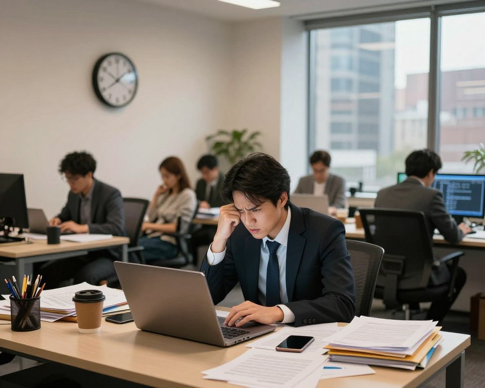 A chaotic office scene illustrating the challenges of multitasking amidst deep work. In the foreground, a focused business professional in smart attire sits at a cluttered desk, surrounded by open laptops, notebooks, and smartphones, with a frustrated expression. In the middle ground, a wall clock shows time rapidly passing, while scattered papers and coffee cups hint at pressure and distraction. The background features a window revealing a bustling cityscape, suggesting the outside world's noise and interruptions. The room is bathed in warm, soft lighting, enhancing the feeling of tension and urgency. A wide-angle perspective captures the overwhelming nature of contemporary work dynamics, evoking a sense of struggle between focus and distraction. A chaotic office scene illustrating the challenges of multitasking amidst deep work. In the foreground, a focused business professional in smart attire sits at a cluttered desk, surrounded by open laptops, notebooks, and smartphones, with a frustrated expression. In the middle ground, a wall clock shows time rapidly passing, while scattered papers and coffee cups hint at pressure and distraction. The background features a window revealing a bustling cityscape, suggesting the outside world's noise and interruptions. The room is bathed in warm, soft lighting, enhancing the feeling of tension and urgency. A wide-angle perspective captures the overwhelming nature of contemporary work dynamics, evoking a sense of struggle between focus and distraction.