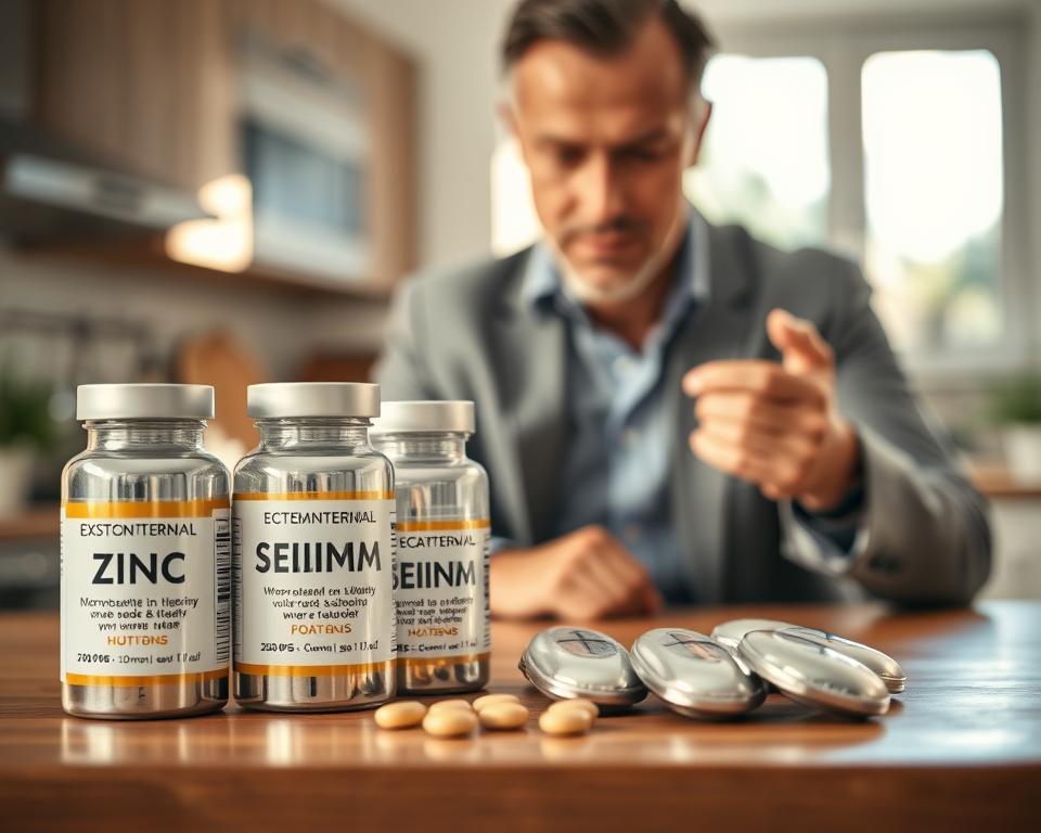 A close-up composition featuring zinc and selenium supplements in metallic containers, elegantly arranged on a wooden table. In the foreground, the bottles have labels depicting their health benefits related to testosterone levels. In the middle ground, a middle-aged man in professional attire examines the supplements with a discerning expression, symbolizing awareness of hormonal changes after 40. The background shows a softly blurred kitchen setting with warm lighting, evoking a healthy lifestyle atmosphere. Natural light filters through a window, casting gentle shadows and enhancing the serene mood of the scene. The overall image conveys a focus on wellness and the importance of maintaining hormone balance at an older age, without any distracting elements or text. A close-up composition featuring zinc and selenium supplements in metallic containers, elegantly arranged on a wooden table. In the foreground, the bottles have labels depicting their health benefits related to testosterone levels. In the middle ground, a middle-aged man in professional attire examines the supplements with a discerning expression, symbolizing awareness of hormonal changes after 40. The background shows a softly blurred kitchen setting with warm lighting, evoking a healthy lifestyle atmosphere. Natural light filters through a window, casting gentle shadows and enhancing the serene mood of the scene. The overall image conveys a focus on wellness and the importance of maintaining hormone balance at an older age, without any distracting elements or text.