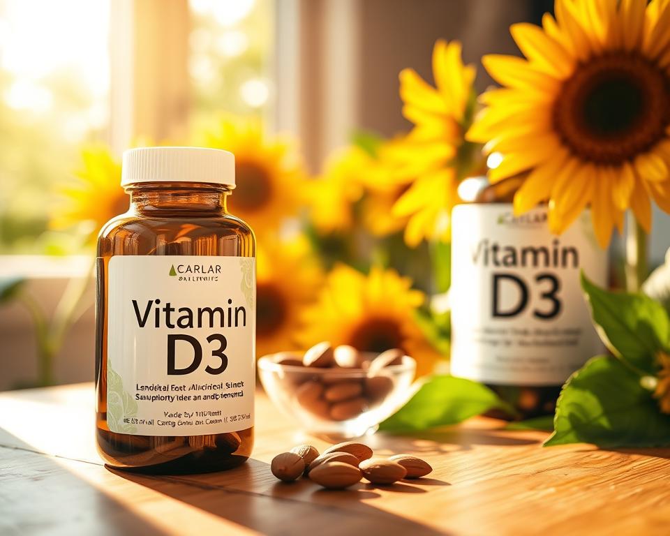 A close-up composition showcasing a vitamin D3 supplement bottle prominently displayed in the foreground, surrounded by natural elements like sunflowers and sunlight streaming through a window, creating a warm and inviting atmosphere. The bottle should be sleek and modern, with a glossy label indicating "Vitamin D3" in elegant typography. In the middle ground, a wooden table can feature a small bowl of almonds and leafy greens, emphasizing a healthy lifestyle. The background should be softly blurred with hints of greenery, evoking a sense of vitality and wellness. Bright, natural lighting enhances the image, giving it a fresh and energizing feel, perfect for illustrating the importance of vitamins and minerals in daily supplementation. A close-up composition showcasing a vitamin D3 supplement bottle prominently displayed in the foreground, surrounded by natural elements like sunflowers and sunlight streaming through a window, creating a warm and inviting atmosphere. The bottle should be sleek and modern, with a glossy label indicating "Vitamin D3" in elegant typography. In the middle ground, a wooden table can feature a small bowl of almonds and leafy greens, emphasizing a healthy lifestyle. The background should be softly blurred with hints of greenery, evoking a sense of vitality and wellness. Bright, natural lighting enhances the image, giving it a fresh and energizing feel, perfect for illustrating the importance of vitamins and minerals in daily supplementation.