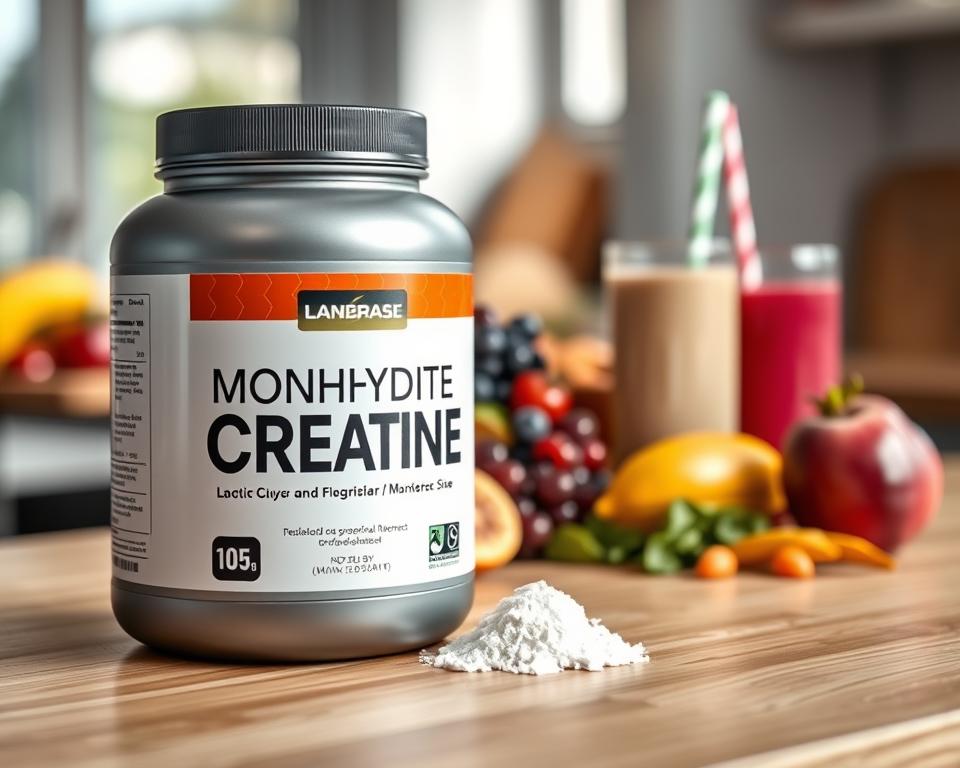 A close-up image of a high-quality container of monohydrate creatine, sleek and modern in design, prominently displayed on a clean wooden countertop. In the foreground, the container reflects a matte finish with a scoop of creatine beside it, emphasizing its purity. The middle ground features a selection of vibrant fruits and protein shakes to convey a healthy lifestyle, subtly blurred for depth. The background includes soft, natural lighting filtering through a window, casting gentle shadows and highlighting the textures of the surface. The overall mood is motivating and energetic, inviting viewers to consider this supplement as part of their fitness regimen. The composition should be clean and professional, without any text or distractions.