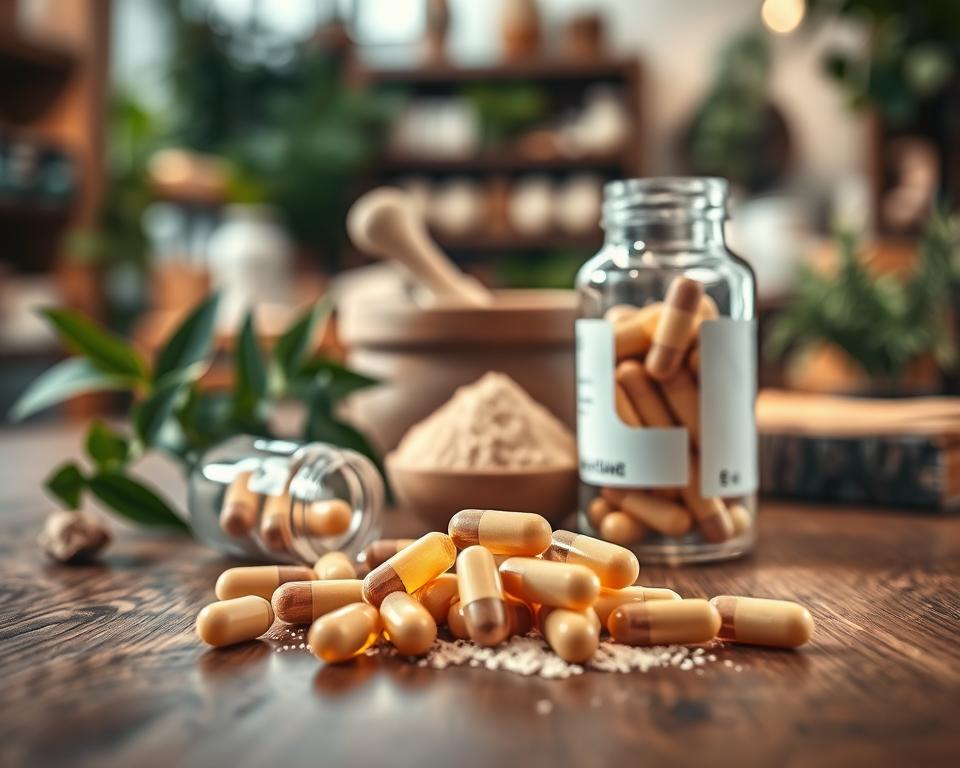 A close-up image of glukozamina and chondroityna capsules and powder displayed on a wooden table. In the foreground, the capsules are in an open bottle, surrounded by a small scoop of the powder, showing their natural textures. In the middle ground, softly fading into focus, a backdrop of green leaves and a mortar and pestle adds to the holistic feel. The background features a blurred view of a cozy herbal shop, hinting at wellness and natural remedies. The lighting is warm and inviting, casting gentle shadows and highlighting the product's colors. The overall atmosphere is serene and health-focused, emphasizing the importance of these supplements for joint health.