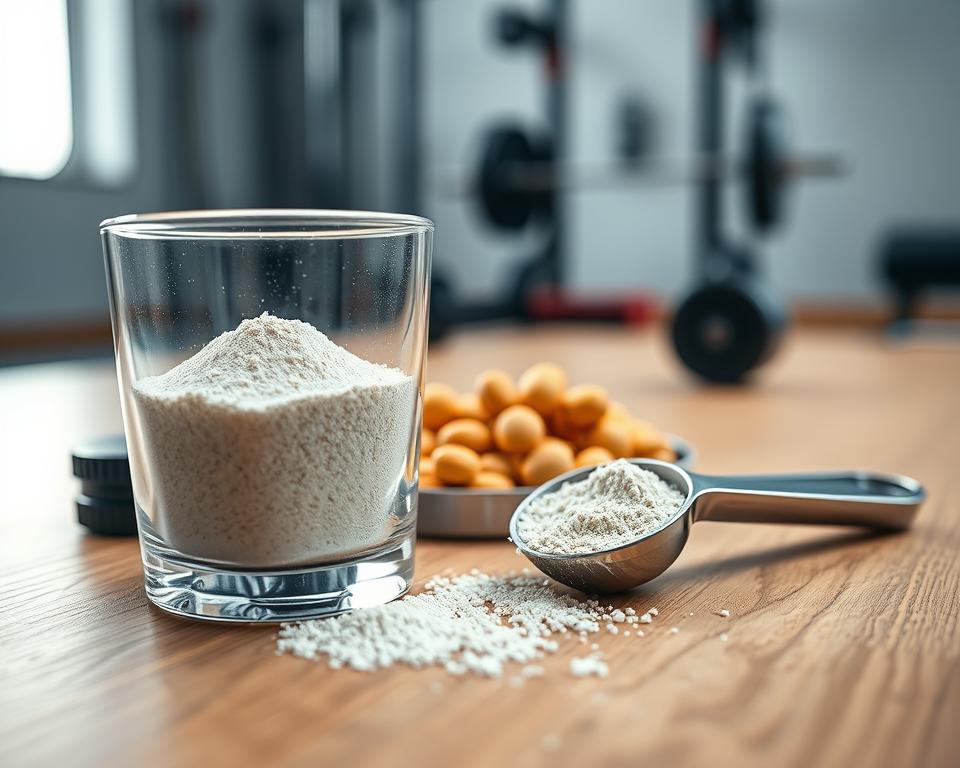A close-up shot of a neatly organized arrangement of pre-workout supplements placed on a clean, modern wooden surface. In the foreground, a clear glass with an enticing portion of a caffeine powder, lightly illuminated to emphasize its texture and fine particles. Beside the glass, a sleek measuring scoop, with a few grains spilling out, highlighting the concept of careful dosing. The middle ground features a blurred background with gym equipment, creating an active and energetic atmosphere. Soft, natural lighting filters in from the left, casting gentle highlights and shadows. The overall mood is dynamic and informative, with a focus on safety in supplementation, embodying a sense of clarity and professionalism. A close-up shot of a neatly organized arrangement of pre-workout supplements placed on a clean, modern wooden surface. In the foreground, a clear glass with an enticing portion of a caffeine powder, lightly illuminated to emphasize its texture and fine particles. Beside the glass, a sleek measuring scoop, with a few grains spilling out, highlighting the concept of careful dosing. The middle ground features a blurred background with gym equipment, creating an active and energetic atmosphere. Soft, natural lighting filters in from the left, casting gentle highlights and shadows. The overall mood is dynamic and informative, with a focus on safety in supplementation, embodying a sense of clarity and professionalism.
