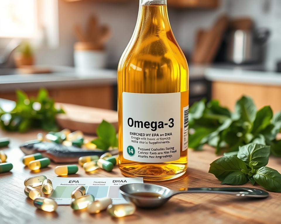 A close-up view of a glass bottle filled with golden oil labeled "Omega 3" enriched with EPA and DHA, placed on a wooden table. Surrounding the bottle, there are scattered fish capsules and fresh green herbs like parsley and basil, representing natural ingredients. The background features a softly blurred kitchen setting with warm, natural lighting, enhancing the focus on the bottle. In the foreground, a measuring spoon next to nutritional charts showing the differences between EPA and DHA levels is visible. The composition should reflect a sense of health and wellness, inviting the viewer to explore the benefits of omega-3 supplementation. A close-up view of a glass bottle filled with golden oil labeled "Omega 3" enriched with EPA and DHA, placed on a wooden table. Surrounding the bottle, there are scattered fish capsules and fresh green herbs like parsley and basil, representing natural ingredients. The background features a softly blurred kitchen setting with warm, natural lighting, enhancing the focus on the bottle. In the foreground, a measuring spoon next to nutritional charts showing the differences between EPA and DHA levels is visible. The composition should reflect a sense of health and wellness, inviting the viewer to explore the benefits of omega-3 supplementation.