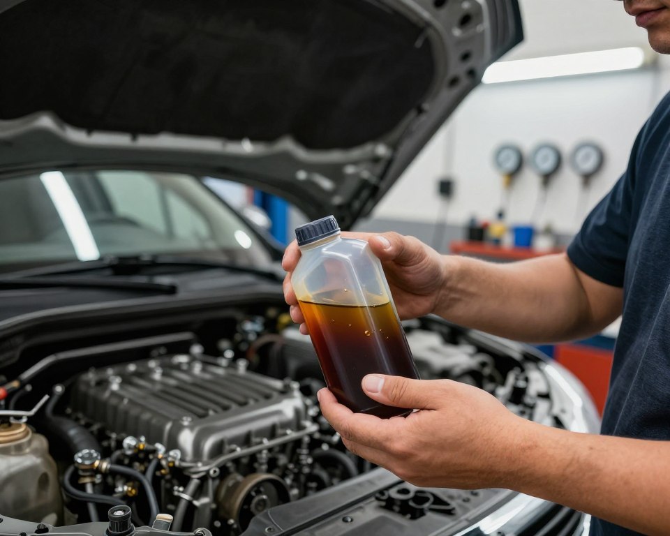 A close-up view of a mechanic examining engine oil, showcasing the effects of driving style and environmental conditions. In the foreground, a mechanic with moderate casual clothing is holding up a translucent oil filter, revealing the oil's color and texture, indicating wear and tear. In the middle ground, a car on a lift shows a partially disassembled engine, highlighting the importance of regular oil checks. The background features a garage with tools and gauges, softly illuminated by overhead fluorescent lights, creating a clinical yet industrious atmosphere. Use a slightly angled perspective to emphasize depth, and capture the scene with a focus on the rich, dark hues of the oil contrasting with the metallic tones of the machinery. A close-up view of a mechanic examining engine oil, showcasing the effects of driving style and environmental conditions. In the foreground, a mechanic with moderate casual clothing is holding up a translucent oil filter, revealing the oil's color and texture, indicating wear and tear. In the middle ground, a car on a lift shows a partially disassembled engine, highlighting the importance of regular oil checks. The background features a garage with tools and gauges, softly illuminated by overhead fluorescent lights, creating a clinical yet industrious atmosphere. Use a slightly angled perspective to emphasize depth, and capture the scene with a focus on the rich, dark hues of the oil contrasting with the metallic tones of the machinery.