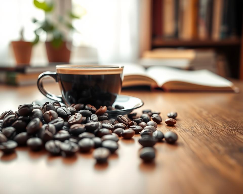 A close-up view of coffee beans and an elegant cup of coffee on a polished wooden table, representing the stimulating effects of caffeine. The foreground features glossy coffee beans scattered artistically, with the steam rising gently from the cup, conveying warmth and energy. In the middle ground, a subtle atmosphere of concentration is depicted through soft, diffused lighting, evoking a calm yet invigorating environment, while softened shadows accentuate the coffee's texture. The background includes blurred hints of a cozy study environment, with books and a plant that suggest focus and productivity. The overall mood is one of clarity and concentration, embodying the essence of caffeine's role in the nervous system. A close-up view of coffee beans and an elegant cup of coffee on a polished wooden table, representing the stimulating effects of caffeine. The foreground features glossy coffee beans scattered artistically, with the steam rising gently from the cup, conveying warmth and energy. In the middle ground, a subtle atmosphere of concentration is depicted through soft, diffused lighting, evoking a calm yet invigorating environment, while softened shadows accentuate the coffee's texture. The background includes blurred hints of a cozy study environment, with books and a plant that suggest focus and productivity. The overall mood is one of clarity and concentration, embodying the essence of caffeine's role in the nervous system.