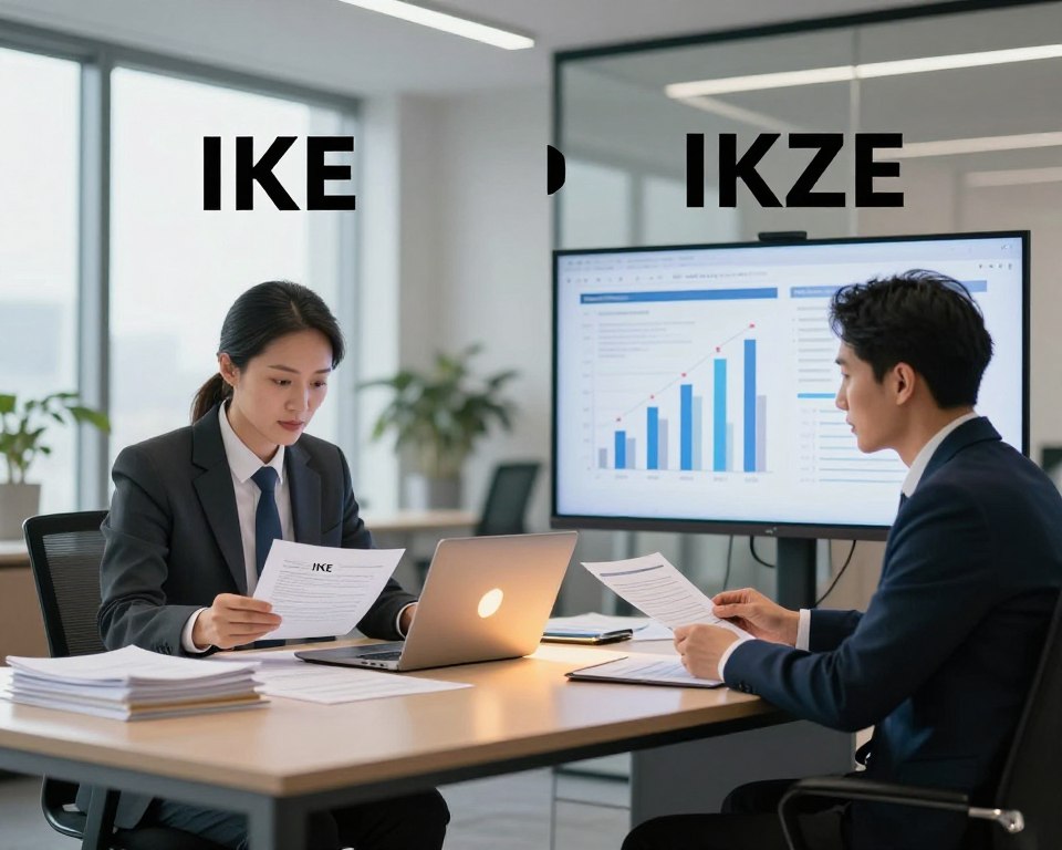 A conceptual comparison of two retirement accounts, IKE and IKZE, depicted in a split-view design. On the left, an elegant office desk with a professional finance advisor dressed in formal business attire, analyzing documents regarding IKE, surrounded by stacks of papers and a laptop glowing softly under warm lighting. On the right, a contrasting scene featuring another advisor discussing IKZE, dressed similarly, with graphs and charts displayed on a large screen behind. The background features a sleek modern office environment with large windows that let in natural daylight, creating a bright and professional atmosphere. The image should evoke clarity and professionalism, emphasizing the importance of informed financial decisions in retirement planning. The focus should be on the advisors and their analysis, without text or distractions. A conceptual comparison of two retirement accounts, IKE and IKZE, depicted in a split-view design. On the left, an elegant office desk with a professional finance advisor dressed in formal business attire, analyzing documents regarding IKE, surrounded by stacks of papers and a laptop glowing softly under warm lighting. On the right, a contrasting scene featuring another advisor discussing IKZE, dressed similarly, with graphs and charts displayed on a large screen behind. The background features a sleek modern office environment with large windows that let in natural daylight, creating a bright and professional atmosphere. The image should evoke clarity and professionalism, emphasizing the importance of informed financial decisions in retirement planning. The focus should be on the advisors and their analysis, without text or distractions.