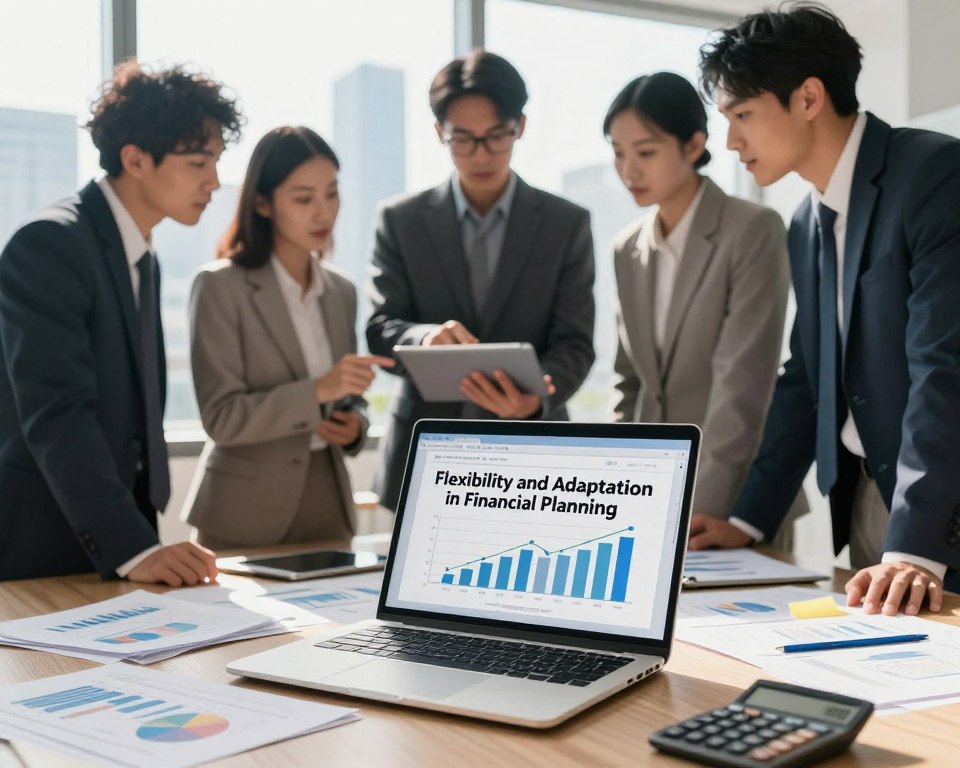 A conceptual image illustrating "Flexibility and Adaptation in Financial Planning." In the foreground, an open laptop with financial charts displayed, surrounded by scattered notes and a calculator, conveying a sense of active planning. In the middle ground, a diverse group of professionals in business attire collaborates, analyzing data on a digital tablet, with expressions focused on problem-solving and innovation. The background features a blurred urban skyline, symbolizing the dynamic nature of financial landscapes. Soft, natural lighting filters through a window, casting gentle shadows, creating an optimistic atmosphere. The overall mood should reflect a sense of collaboration, adaptability, and strategic thinking in finance.