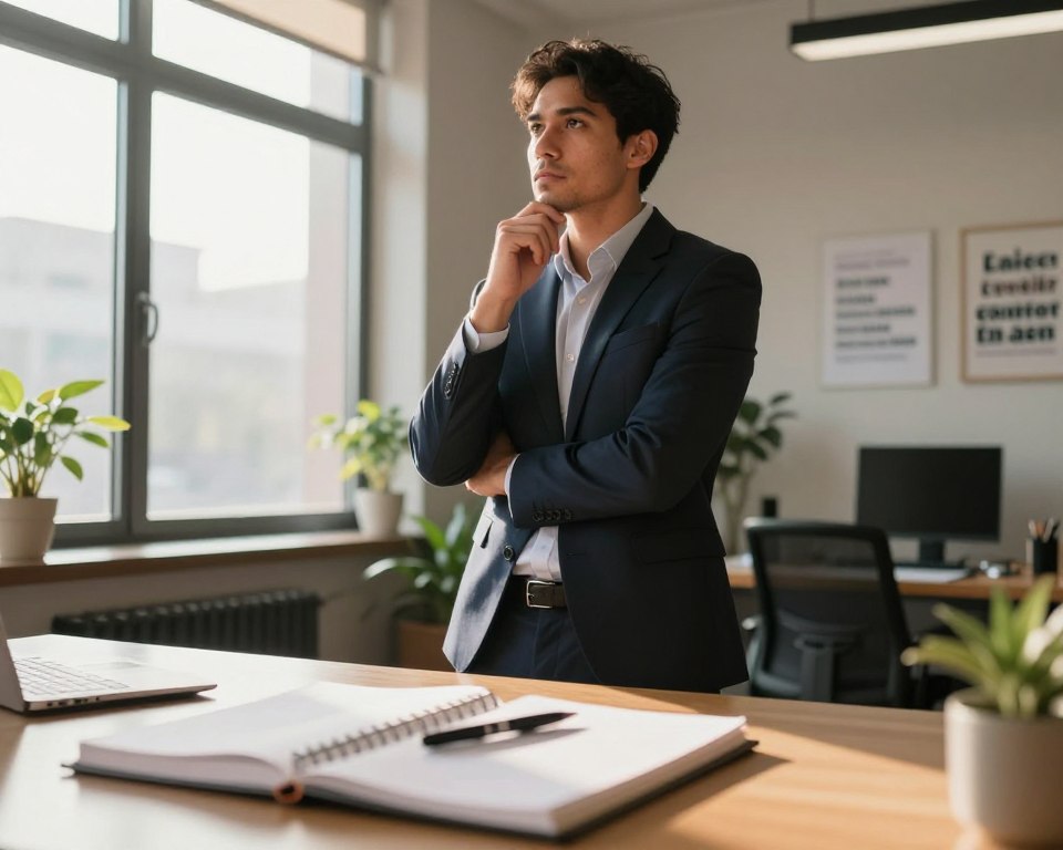 A confident man in a professional setting, standing at a desk with a thoughtful expression, symbolizing assertiveness and self-awareness. He is dressed in smart business attire, exuding professionalism and focus. The foreground features a soft-focus notepad and pen, indicating self-reflection and setting boundaries. In the middle ground, a large window lets in warm, natural light, casting gentle shadows that highlight the man’s posture and determination. The background shows a tranquil office environment with plants and motivational quotes on the walls, creating an atmosphere of calm and introspection. The overall mood should be inspiring and empowering, emphasizing the importance of knowing one's boundaries and needs.