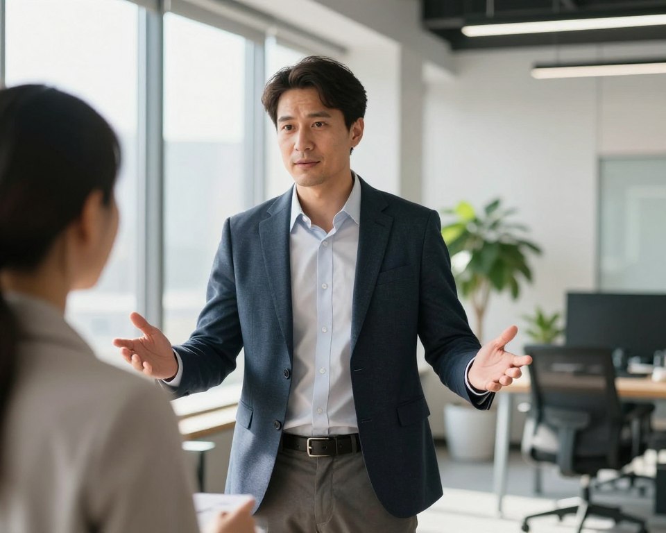 A confident man in professional attire is standing in a modern office setting. In the foreground, he is engaged in a thoughtful conversation with a colleague, displaying assertive body language—arms relaxed but open, making eye contact. The background features a bright office space with large windows allowing natural light to flood in, casting soft shadows. A potted plant adds a touch of greenery to the scene. The overall atmosphere is positive and professional, highlighting the importance of assertiveness in everyday situations. The composition is shot at eye level, using a slight bokeh effect to keep the focus on the subjects while softly blurring the office elements behind them.