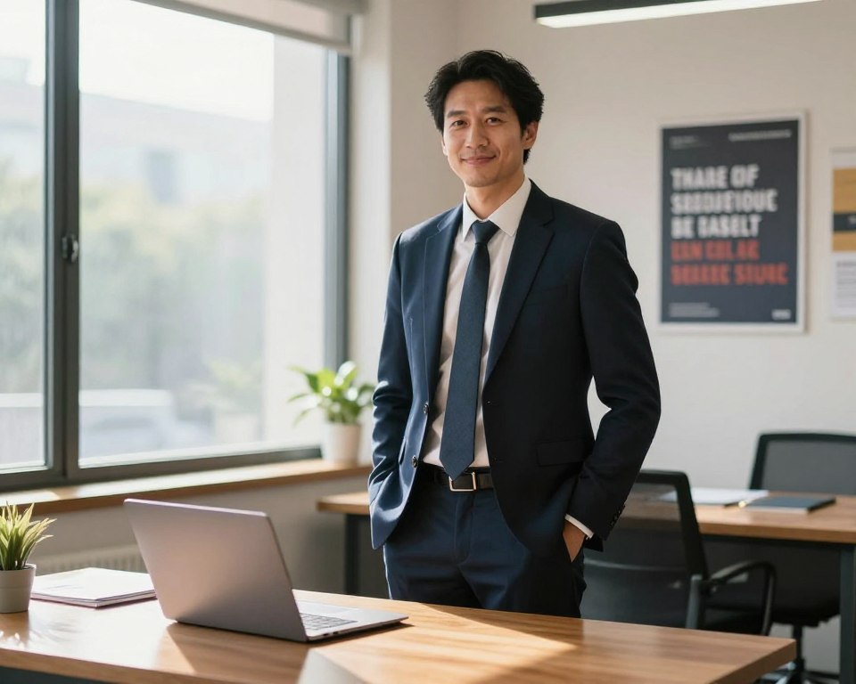 A confident man stands assertively in a well-lit office setting, dressed in professional business attire. He exudes self-assurance, with a relaxed posture and a slight smile, embodying the essence of assertiveness. In the foreground, a polished wooden desk and a laptop are visible, symbolizing productivity and focus. The middle ground features a large window with natural light streaming in, illuminating the scene and casting soft shadows. In the background, motivational posters and greenery add to a positive atmosphere. The composition captures a sense of empowerment and professional growth, reflecting the theme of developing self-confidence and assertive skills, with a warm and inviting color palette that enhances the mood.