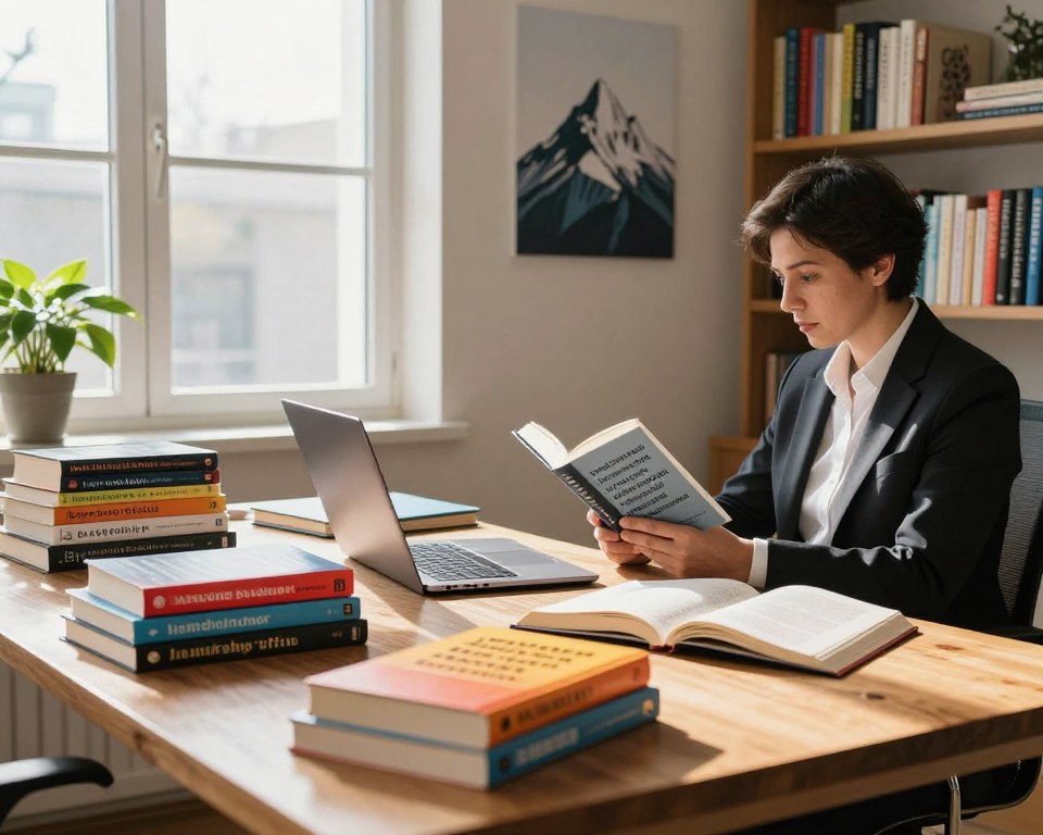 A cozy office setting with a large wooden desk in the foreground, stacked with various coaching books in vibrant covers, reflecting titles related to leadership and personal development. A sleek laptop is open, displaying a motivational quote. In the middle, a bright window lets in warm natural light, casting gentle shadows across the room. On the wall, an inspirational art piece depicting a mountain peak symbolizes growth and achievement. A professional-looking person in business attire is seated, engrossed in one of the books, embodying focus and determination. The background features a well-organized shelf filled with more books and a thriving potted plant, creating an atmosphere of inspiration and learning. The mood is encouraging and empowering, inviting the viewer to explore the world of coaching through literature.