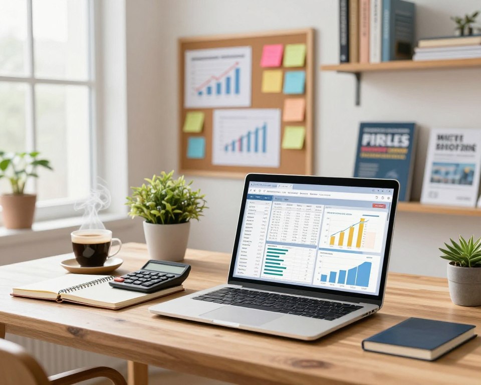A detailed analysis of household income and expenses, featuring a modern, stylish workspace. In the foreground, a sleek wooden desk holds an open laptop displaying financial spreadsheets and graphs related to budgeting. To the left, a notebook and a calculator rest beside a steaming cup of coffee. In the middle ground, a well-organized corkboard displays colorful charts and sticky notes for various household expenses, while a potted plant adds a touch of greenery. The background shows shelves filled with books and financial planning guides, bathed in bright, natural light filtering through a large window, creating a cheerful and productive atmosphere. The whole scene conveys a sense of order, focus, and financial empowerment, perfect for understanding household budget analysis.