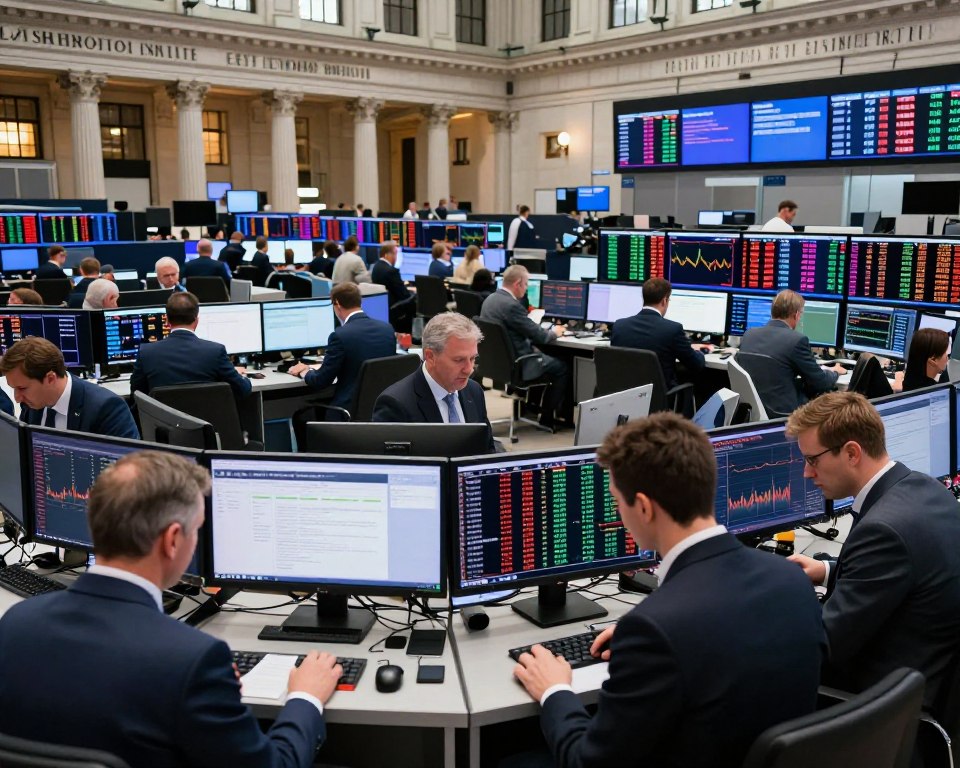 A detailed and focused image of a stock market scene on the Warsaw Stock Exchange, showcasing the purchase of an ETF. In the foreground, a diverse group of professionals in business attire are engaged with digital devices, analyzing stock prices on large monitors. In the middle ground, a lively trading floor filled with traders interacting and screens displaying colorful graphs and ticker symbols representing ETFs. The background features the iconic architecture of the Warsaw Stock Exchange, with bright lights and screens illuminating the area. The atmosphere is dynamic and energetic, suggesting a sense of opportunity and investment. Use a slightly elevated viewpoint to capture a broad perspective of activity, utilizing natural daylight streaming in from above, creating a vibrant and optimistic mood. A detailed and focused image of a stock market scene on the Warsaw Stock Exchange, showcasing the purchase of an ETF. In the foreground, a diverse group of professionals in business attire are engaged with digital devices, analyzing stock prices on large monitors. In the middle ground, a lively trading floor filled with traders interacting and screens displaying colorful graphs and ticker symbols representing ETFs. The background features the iconic architecture of the Warsaw Stock Exchange, with bright lights and screens illuminating the area. The atmosphere is dynamic and energetic, suggesting a sense of opportunity and investment. Use a slightly elevated viewpoint to capture a broad perspective of activity, utilizing natural daylight streaming in from above, creating a vibrant and optimistic mood.