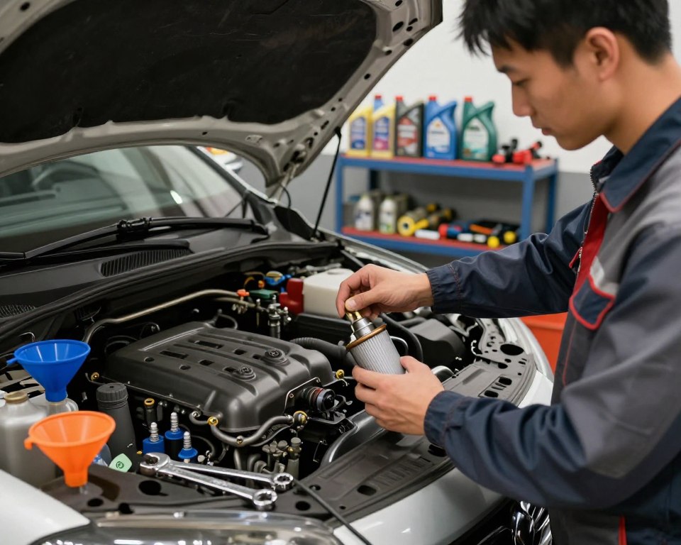 A detailed automotive mechanic workspace focused on an oil change. In the foreground, a mechanic in professional work attire examines an oil filter and a clean engine, with tools like wrenches, a funnel, and oil containers neatly arranged around. The middle ground features a car on a lift, with its hood open, showcasing the engine bay. The background includes a shelf stocked with various automotive oils and tools, with a soft overhead light illuminating the scene, creating a warm atmosphere. The angle is slightly elevated, capturing the action and the organized environment, emphasizing the importance of proper oil change procedures. A detailed automotive mechanic workspace focused on an oil change. In the foreground, a mechanic in professional work attire examines an oil filter and a clean engine, with tools like wrenches, a funnel, and oil containers neatly arranged around. The middle ground features a car on a lift, with its hood open, showcasing the engine bay. The background includes a shelf stocked with various automotive oils and tools, with a soft overhead light illuminating the scene, creating a warm atmosphere. The angle is slightly elevated, capturing the action and the organized environment, emphasizing the importance of proper oil change procedures.