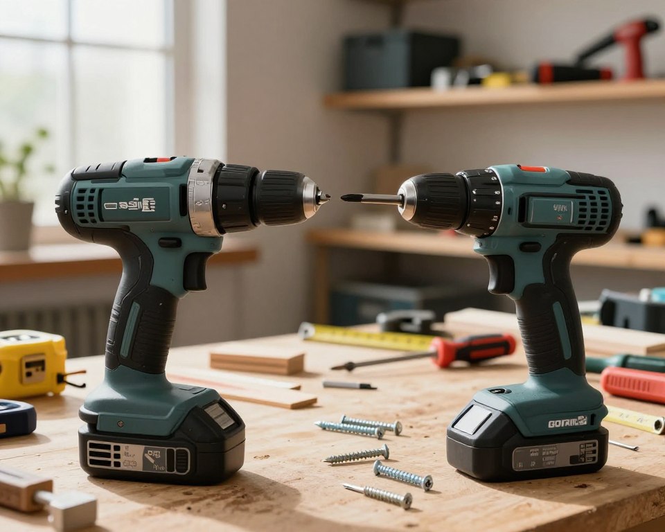 A detailed comparison image featuring a drill and a screwdriver in a well-lit workshop setting. In the foreground, prominently display a corded drill on the left, showcasing its chuck and interchangeable drill bits. On the right, depict a battery-operated screwdriver with visible torque settings and screws scattered around. In the middle ground, include a workbench cluttered with tools, wood scraps, and measuring tape, enhancing the DIY atmosphere. The background should feature shelves filled with various hand tools and power tools, softly blurred to emphasize the main subjects. Use natural lighting from a nearby window, casting gentle shadows, creating a warm and inviting atmosphere ideal for DIY enthusiasts. The mood should be informative and engaging, inviting viewers to explore the differences between these essential tools. A detailed comparison image featuring a drill and a screwdriver in a well-lit workshop setting. In the foreground, prominently display a corded drill on the left, showcasing its chuck and interchangeable drill bits. On the right, depict a battery-operated screwdriver with visible torque settings and screws scattered around. In the middle ground, include a workbench cluttered with tools, wood scraps, and measuring tape, enhancing the DIY atmosphere. The background should feature shelves filled with various hand tools and power tools, softly blurred to emphasize the main subjects. Use natural lighting from a nearby window, casting gentle shadows, creating a warm and inviting atmosphere ideal for DIY enthusiasts. The mood should be informative and engaging, inviting viewers to explore the differences between these essential tools.