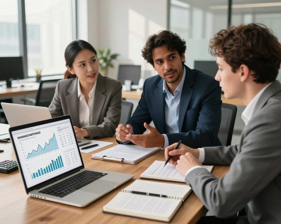 A detailed illustration depicting the construction of a dividend portfolio, focusing on key principles of success. In the foreground, a sleek wooden table displays an open laptop showing financial graphs and charts related to investments. Beside it, a notebook filled with handwritten notes and a calculator. In the middle, a diverse group of three professionals—two men and one woman in business attire—discussing strategies, looking engaged and focused. The background features a modern office with large windows allowing natural light to filter in, casting soft shadows. The mood is collaborative and optimistic, emphasizing a serious yet inviting atmosphere, ideal for financial growth and investment discussion. The scene is captured with a warm color palette and a slight soft-focus effect to enhance the inviting ambiance.