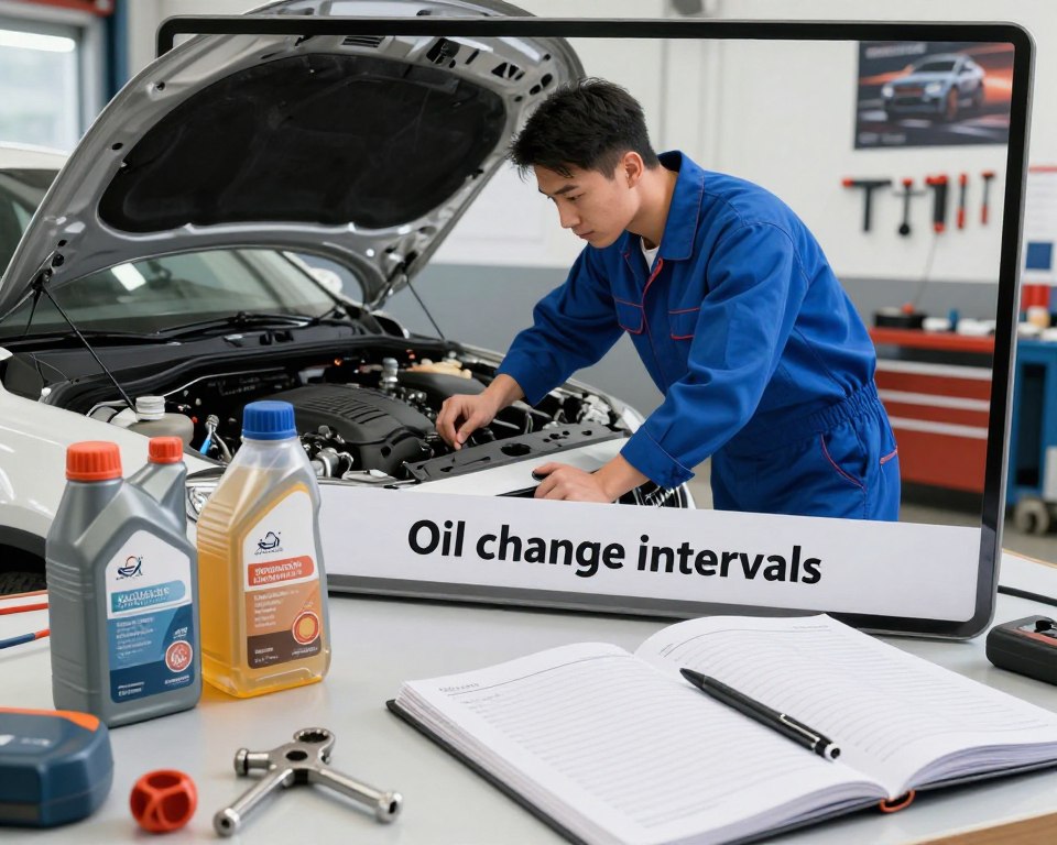 A detailed illustration depicting various factors influencing oil change intervals. In the foreground, an assortment of car tools, oil bottles, and a maintenance logbook are arranged neatly on a workbench, showcasing transparency and organization. The middle layer presents a mechanic in a professional blue jumpsuit, examining a car’s engine, with analytical focus on their face. In the background, a well-lit garage is visible, highlighting automotive posters and tools on the wall. The lighting is bright and even, enhancing the professional atmosphere, while subtle shadows add depth. The mood is informative and purposeful, emphasizing the importance of understanding factors such as driving conditions, vehicle age, and manufacturer recommendations. The image is well-composed with a slight tilt to create visual interest, achieving a balance between clarity and professionalism. A detailed illustration depicting various factors influencing oil change intervals. In the foreground, an assortment of car tools, oil bottles, and a maintenance logbook are arranged neatly on a workbench, showcasing transparency and organization. The middle layer presents a mechanic in a professional blue jumpsuit, examining a car’s engine, with analytical focus on their face. In the background, a well-lit garage is visible, highlighting automotive posters and tools on the wall. The lighting is bright and even, enhancing the professional atmosphere, while subtle shadows add depth. The mood is informative and purposeful, emphasizing the importance of understanding factors such as driving conditions, vehicle age, and manufacturer recommendations. The image is well-composed with a slight tilt to create visual interest, achieving a balance between clarity and professionalism.
