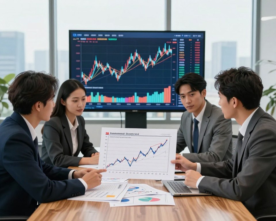 A detailed illustration of a financial investment strategy session in a modern office environment. In the foreground, a diverse group of three professionals in business attire is gathered around a sleek wooden table, analyzing charts that depict cost averaging trends, with graphs showing upward and downward movements. In the middle ground, a large digital screen displays a fluctuating stock market graph, enhancing the focus on investment strategies. The background features large windows with a city skyline view, offering a bright and optimistic atmosphere. The lighting is soft and focused, highlighting the details of the charts and the engaged expressions of the professionals. Capture a mood of collaboration and strategic planning, with a sense of professionalism and forward-thinking innovation. A detailed illustration of a financial investment strategy session in a modern office environment. In the foreground, a diverse group of three professionals in business attire is gathered around a sleek wooden table, analyzing charts that depict cost averaging trends, with graphs showing upward and downward movements. In the middle ground, a large digital screen displays a fluctuating stock market graph, enhancing the focus on investment strategies. The background features large windows with a city skyline view, offering a bright and optimistic atmosphere. The lighting is soft and focused, highlighting the details of the charts and the engaged expressions of the professionals. Capture a mood of collaboration and strategic planning, with a sense of professionalism and forward-thinking innovation.