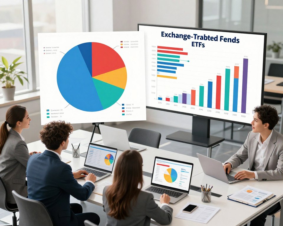 A detailed illustration showcasing various Exchange-Traded Funds (ETFs) available on the market, featuring a dynamic composition. In the foreground, display a diverse group of three professional individuals, dressed in business attire, studying colorful infographics and charts on digital screens. In the middle ground, arrange a large, vibrant pie chart and bar graphs representing different ETFs, positioned on a sleek conference table surrounded by financial documents and laptops. The background should depict a modern office environment with large windows allowing natural light to flood the space, creating an inviting atmosphere. Use a slightly elevated perspective for a better view of the tables and visuals, with a warm and optimistic mood to convey investment potential and opportunity. Ensure a clean, professional aesthetic without any text or distractions. A detailed illustration showcasing various Exchange-Traded Funds (ETFs) available on the market, featuring a dynamic composition. In the foreground, display a diverse group of three professional individuals, dressed in business attire, studying colorful infographics and charts on digital screens. In the middle ground, arrange a large, vibrant pie chart and bar graphs representing different ETFs, positioned on a sleek conference table surrounded by financial documents and laptops. The background should depict a modern office environment with large windows allowing natural light to flood the space, creating an inviting atmosphere. Use a slightly elevated perspective for a better view of the tables and visuals, with a warm and optimistic mood to convey investment potential and opportunity. Ensure a clean, professional aesthetic without any text or distractions.