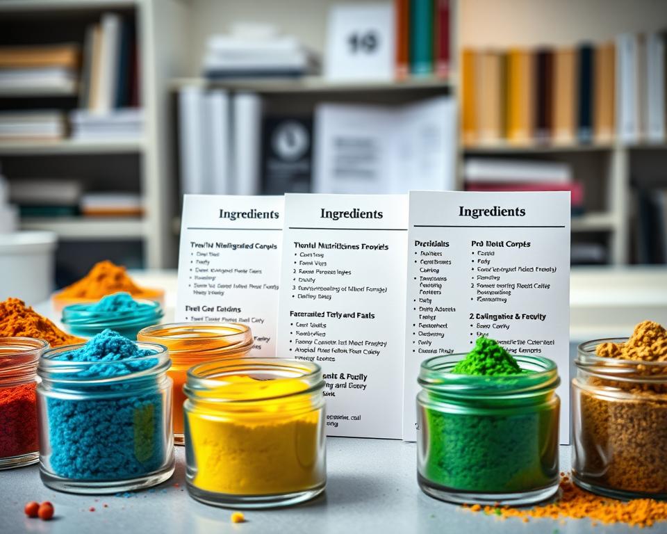 A detailed visual representation of active ingredients used in popular pre-workout supplements. In the foreground, display an assortment of colorful powdered supplements in small glass jars, showcasing unique textures and colors like bright blue, vibrant orange, and deep green. The middle ground should feature well-labeled ingredient cards that include scientific names, nutritional breakdowns, and health benefits, arranged neatly as if for analysis. In the background, a soft-focus laboratory setting with books and research papers on fitness and nutrition creates an informative atmosphere. Use bright, natural lighting to enhance the clarity of the powders and cards, and apply a shallow depth of field to draw focus to the foreground. The mood should be educational and intriguing, inviting viewers to explore the science behind the supplements. A detailed visual representation of active ingredients used in popular pre-workout supplements. In the foreground, display an assortment of colorful powdered supplements in small glass jars, showcasing unique textures and colors like bright blue, vibrant orange, and deep green. The middle ground should feature well-labeled ingredient cards that include scientific names, nutritional breakdowns, and health benefits, arranged neatly as if for analysis. In the background, a soft-focus laboratory setting with books and research papers on fitness and nutrition creates an informative atmosphere. Use bright, natural lighting to enhance the clarity of the powders and cards, and apply a shallow depth of field to draw focus to the foreground. The mood should be educational and intriguing, inviting viewers to explore the science behind the supplements.