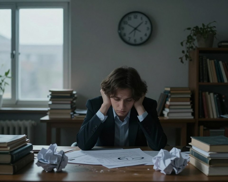 A dimly lit room with a cluttered desk, symbolizing lack of motivation. In the foreground, a person in smart casual attire, seated with slumped shoulders and a vacant stare, surrounded by crumpled papers and an unfinished project. The middle section features a wall clock showing late hours and a faint, overcast window, suggesting a gloomy atmosphere. Background hints of cluttered bookshelves stacked with unused books and a dusty plant fading in the shadow. Soft, diffused natural light enters from the window, casting long shadows, enhancing the feeling of lethargy and stagnation. The overall mood is one of sadness and introspection, capturing the essence of motivational decline. A dimly lit room with a cluttered desk, symbolizing lack of motivation. In the foreground, a person in smart casual attire, seated with slumped shoulders and a vacant stare, surrounded by crumpled papers and an unfinished project. The middle section features a wall clock showing late hours and a faint, overcast window, suggesting a gloomy atmosphere. Background hints of cluttered bookshelves stacked with unused books and a dusty plant fading in the shadow. Soft, diffused natural light enters from the window, casting long shadows, enhancing the feeling of lethargy and stagnation. The overall mood is one of sadness and introspection, capturing the essence of motivational decline.