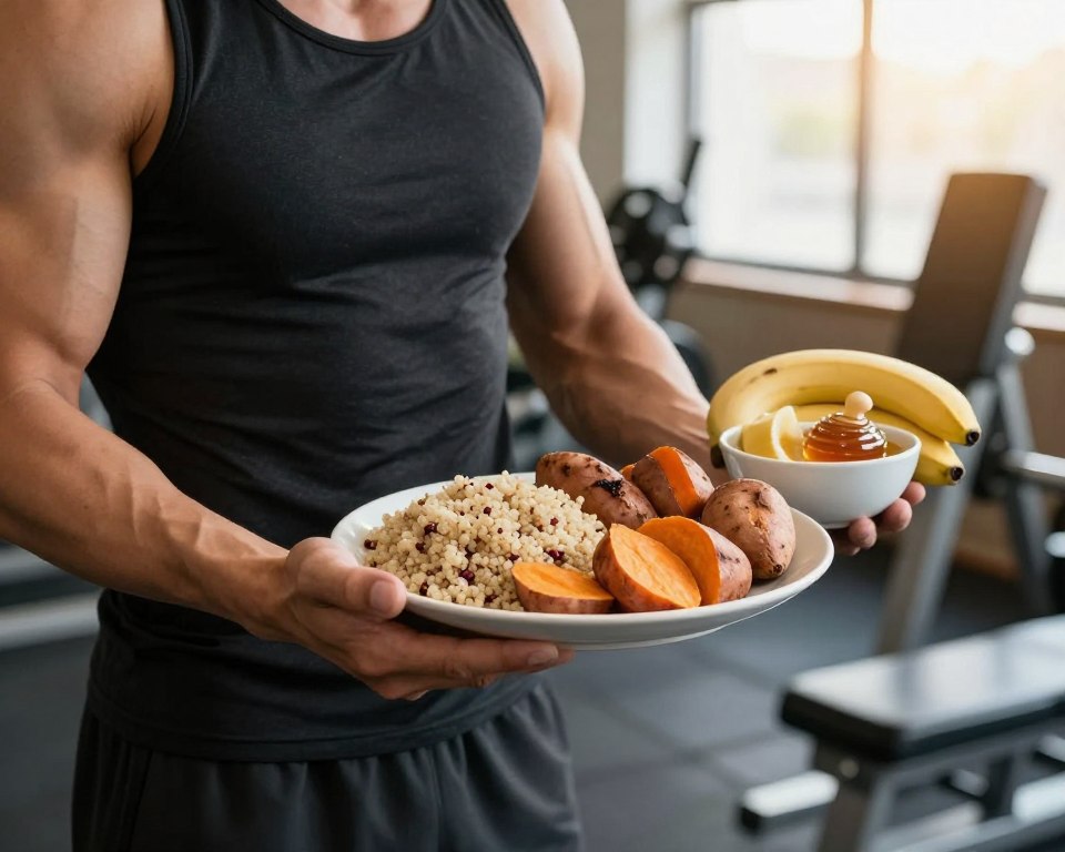 A dynamic composition showcasing the importance of carbohydrate selection for strength training. In the foreground, a muscular individual in professional gym attire holds a plate of a balanced meal featuring complex carbohydrates like quinoa and sweet potatoes, while a nearby bowl displays simple carbohydrates, such as bananas and honey. In the middle ground, a partially filled gym setting with weights and exercise equipment emphasizes the strength training theme. The background features a bright window, letting in warm, natural light that highlights the healthy food choices. The atmosphere is energetic and motivational, reflecting a healthy lifestyle and informed dietary decisions, creating an inspiring visual for fitness enthusiasts. The focus is on the person and the food, ensuring clarity without distractions. A dynamic composition showcasing the importance of carbohydrate selection for strength training. In the foreground, a muscular individual in professional gym attire holds a plate of a balanced meal featuring complex carbohydrates like quinoa and sweet potatoes, while a nearby bowl displays simple carbohydrates, such as bananas and honey. In the middle ground, a partially filled gym setting with weights and exercise equipment emphasizes the strength training theme. The background features a bright window, letting in warm, natural light that highlights the healthy food choices. The atmosphere is energetic and motivational, reflecting a healthy lifestyle and informed dietary decisions, creating an inspiring visual for fitness enthusiasts. The focus is on the person and the food, ensuring clarity without distractions.