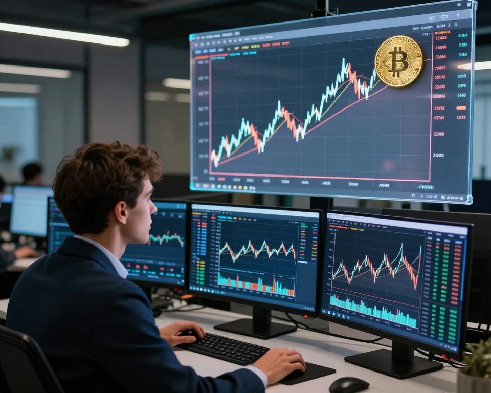 A dynamic scene depicting the volatility of cryptocurrencies, specifically focusing on Bitcoin. In the foreground, a professional trader intently examines multiple digital screens displaying fluctuating graphs and data visualizations related to Bitcoin. The trader is dressed in business attire, reflecting a serious, focused demeanor. In the middle ground, a large, transparent display showcases an exaggerated line graph showing sharp rises and falls, symbolizing market volatility. The background contains a sleek modern office setting with ambient lighting that creates a tech-savvy atmosphere, enhanced by soft glows from the screens. The overall mood is tense yet exhilarating, capturing the essence of investment risk in the cryptocurrency market. The angle is slightly from above, giving a comprehensive view of the trader and the screens. A dynamic scene depicting the volatility of cryptocurrencies, specifically focusing on Bitcoin. In the foreground, a professional trader intently examines multiple digital screens displaying fluctuating graphs and data visualizations related to Bitcoin. The trader is dressed in business attire, reflecting a serious, focused demeanor. In the middle ground, a large, transparent display showcases an exaggerated line graph showing sharp rises and falls, symbolizing market volatility. The background contains a sleek modern office setting with ambient lighting that creates a tech-savvy atmosphere, enhanced by soft glows from the screens. The overall mood is tense yet exhilarating, capturing the essence of investment risk in the cryptocurrency market. The angle is slightly from above, giving a comprehensive view of the trader and the screens.