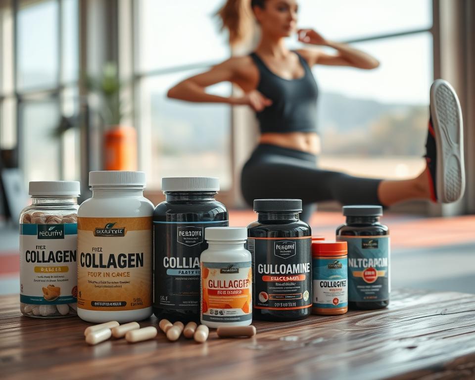 A dynamic scene highlighting various dietary supplements for active individuals, focusing on joint health. In the foreground, display a variety of supplement bottles featuring collagen and glucosamine, artistically arranged on a rustic wooden table. In the middle ground, depict a fit, professional-looking woman in modest athletic wear, actively stretching her legs, illustrating physical activity and vitality. In the background, softly blurred, a fitness gym or a scenic outdoor running track, suggesting a healthy lifestyle. Use bright, natural lighting to evoke a sense of energy and enthusiasm. Capture the image from a slightly elevated angle for depth, creating an overall mood of health, motivation, and an active lifestyle, without any text or distractions.